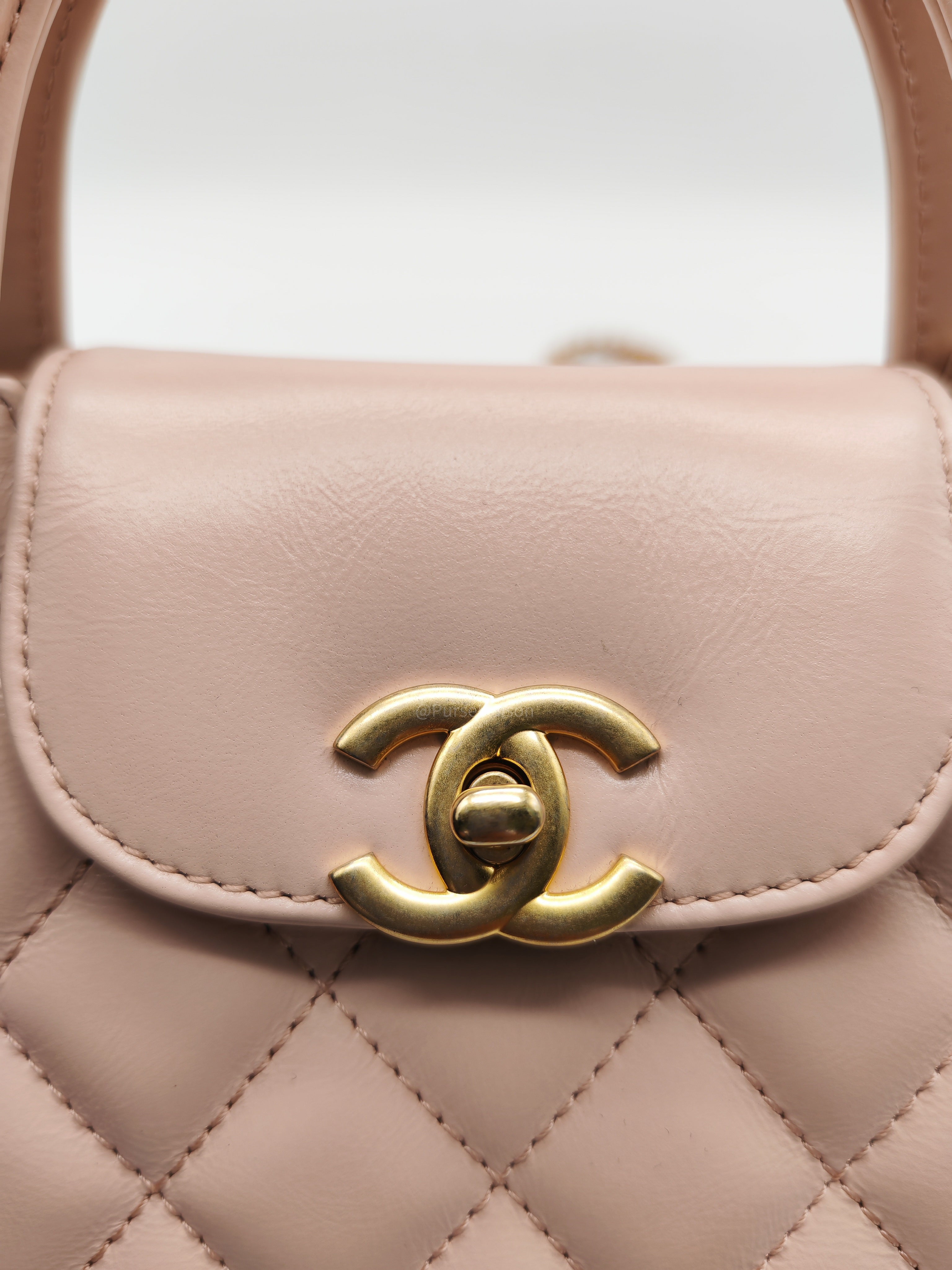 Chanel CC Kelly Small in Baby Pink Shiny Aged Calfskin Leather and Aged Gold Hardware Microchip