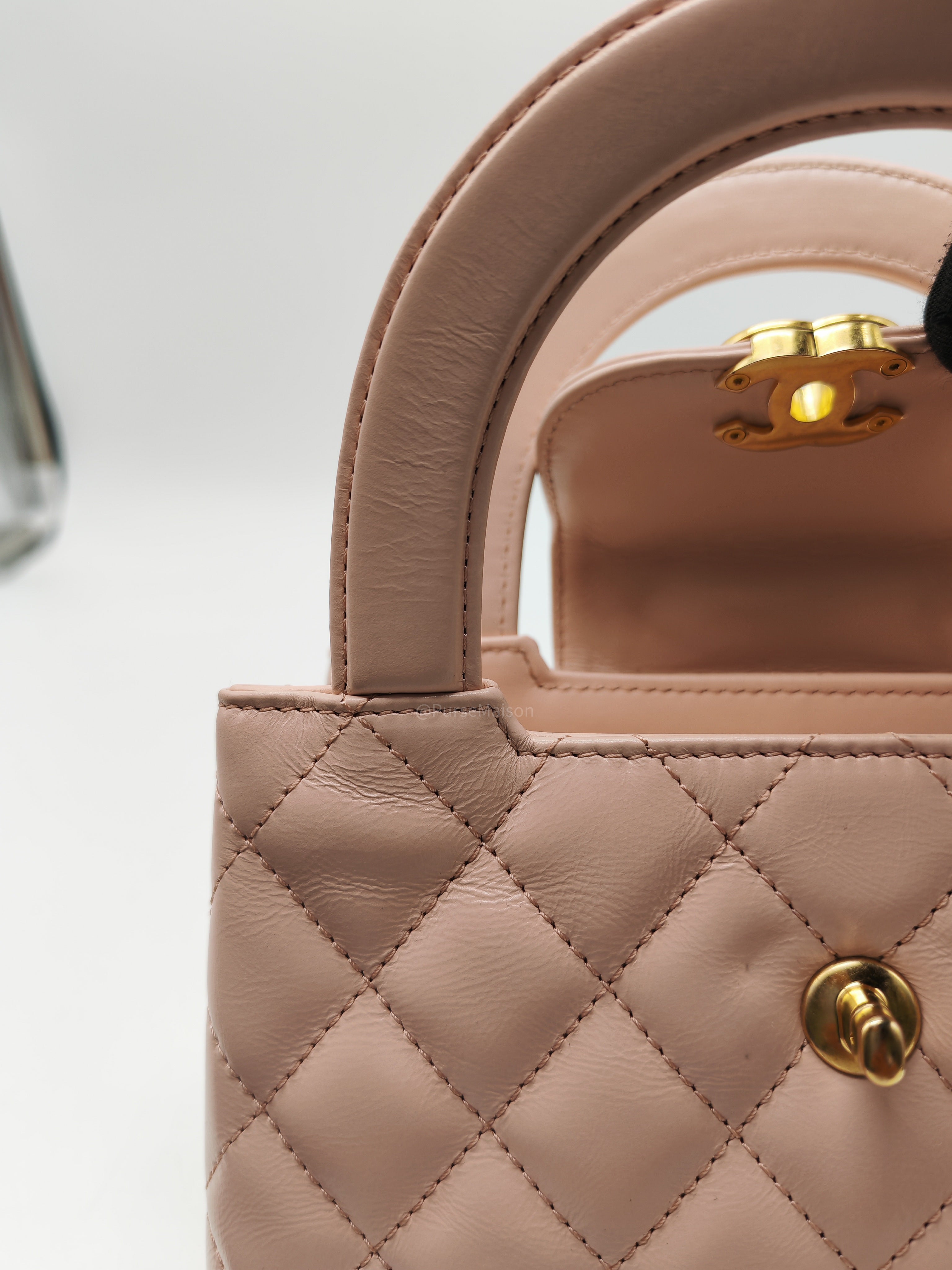 Chanel CC Kelly Small in Baby Pink Shiny Aged Calfskin Leather and Aged Gold Hardware Microchip