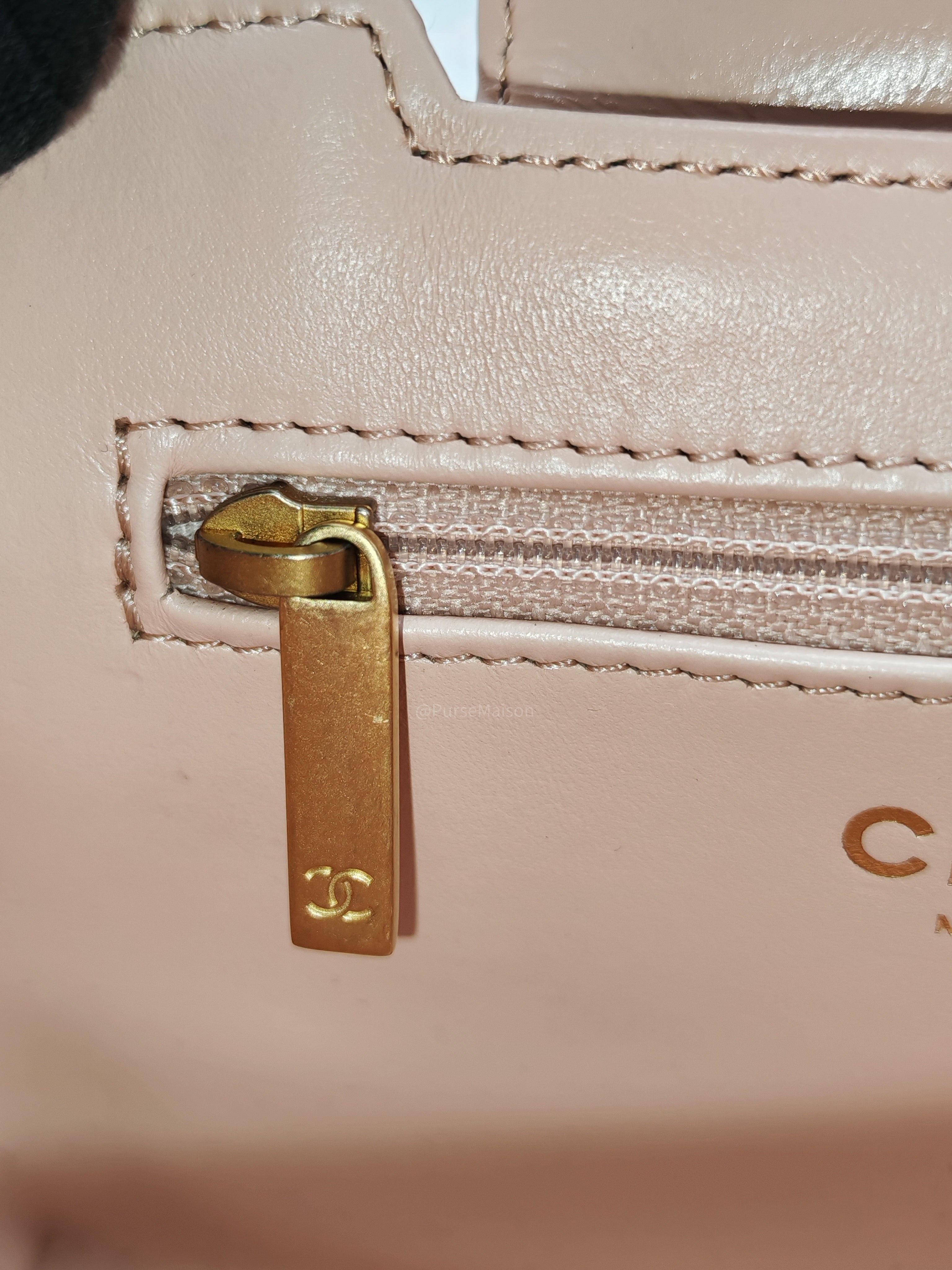 Chanel CC Kelly Small in Baby Pink Shiny Aged Calfskin Leather and Aged Gold Hardware Microchip