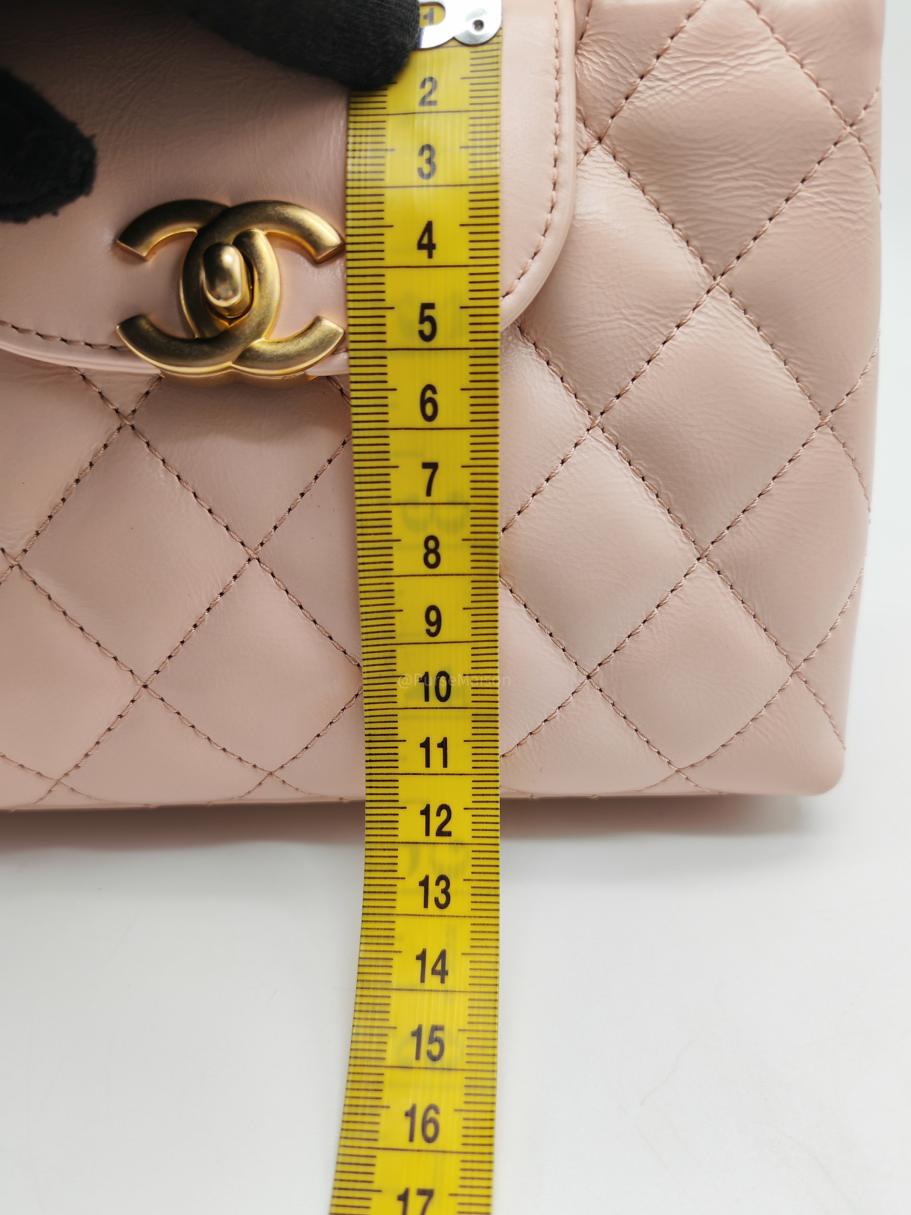 Chanel CC Kelly Small in Baby Pink Shiny Aged Calfskin Leather and Aged Gold Hardware Microchip
