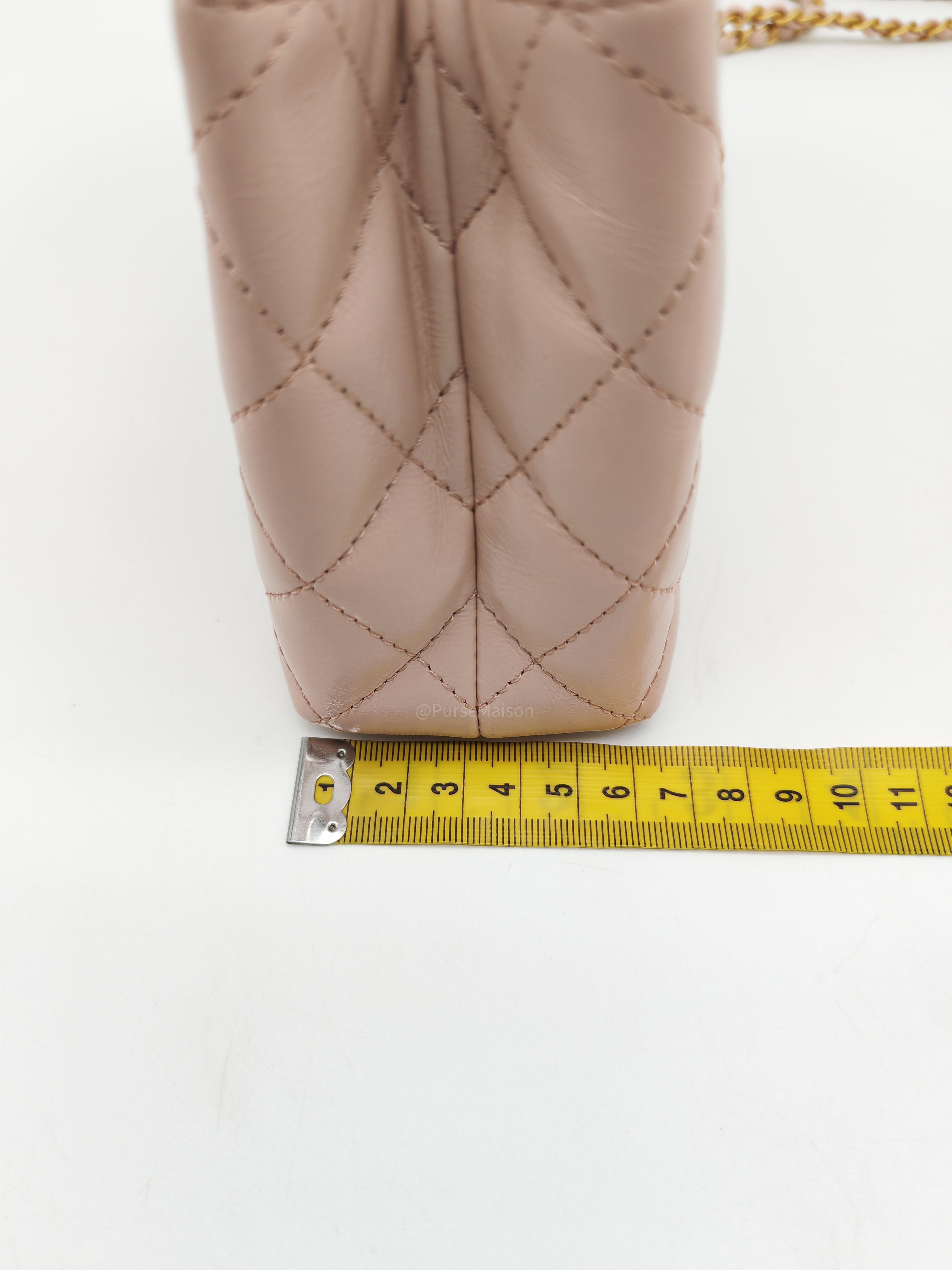 Chanel CC Kelly Small in Baby Pink Shiny Aged Calfskin Leather and Aged Gold Hardware Microchip