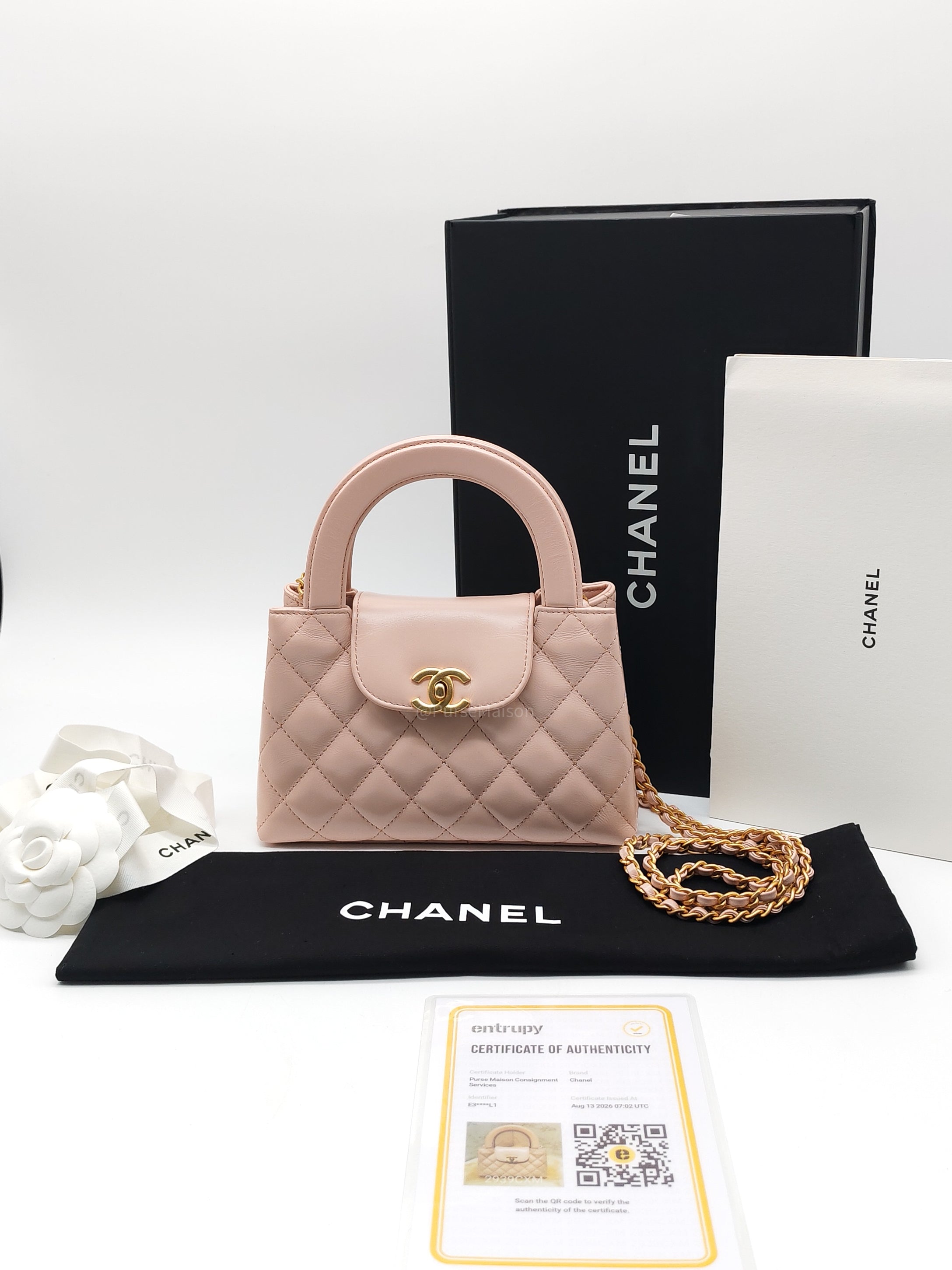 Chanel CC Kelly Small in Baby Pink Shiny Aged Calfskin Leather and Aged Gold Hardware Microchip