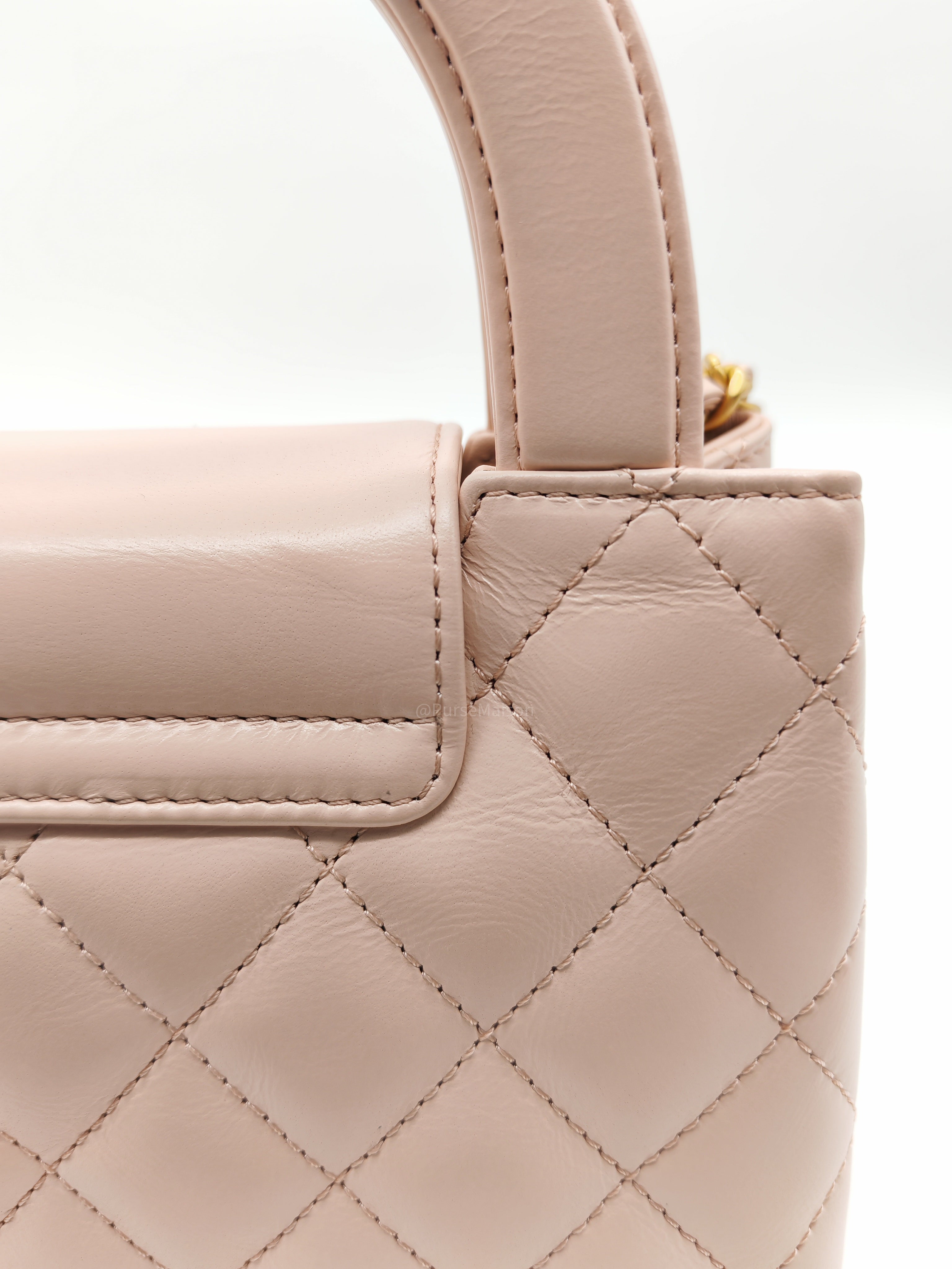 Chanel CC Kelly Small in Baby Pink Shiny Aged Calfskin Leather and Aged Gold Hardware Microchip