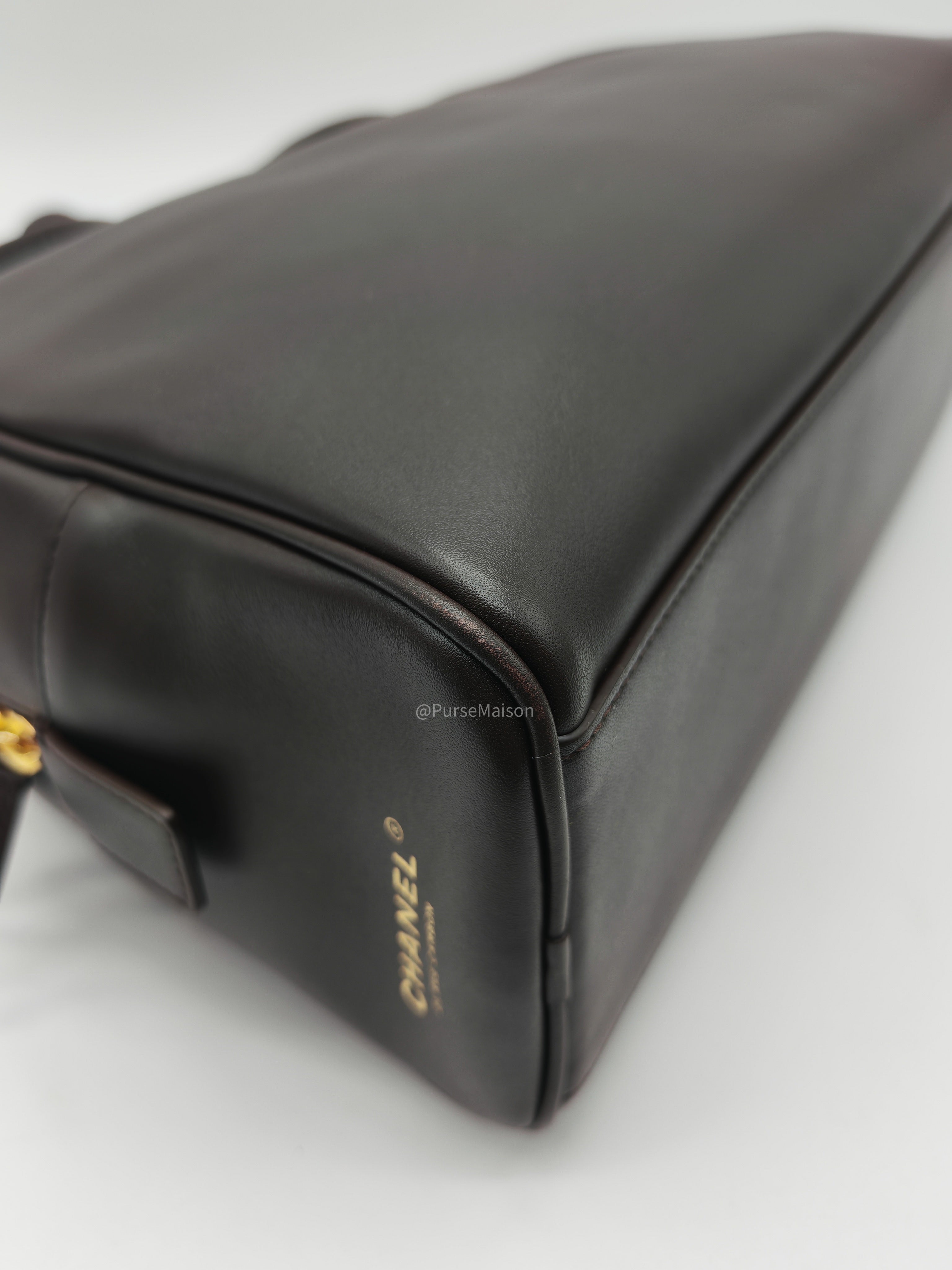 Chanel Large Bowling Bag in Dark Brown Calfskin Leather and Gold Hardware (Microchip)