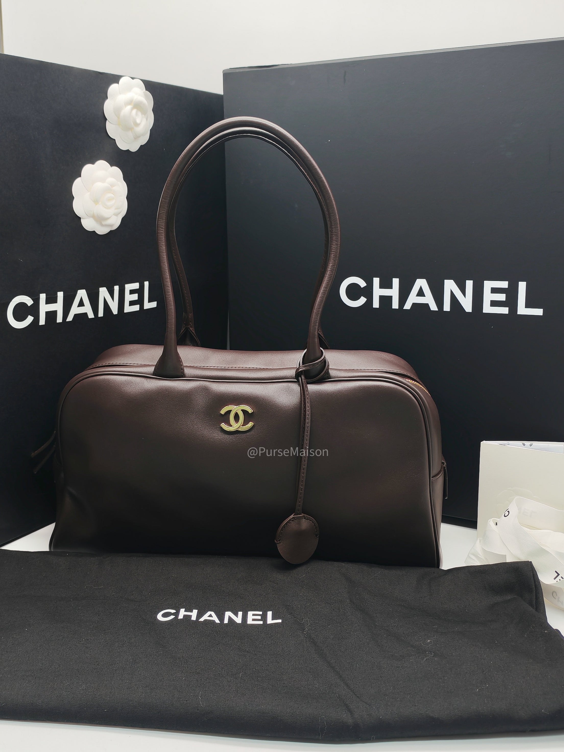 Chanel Large Bowling Bag in Dark Brown Calfskin Leather and Gold Hardware (Microchip)