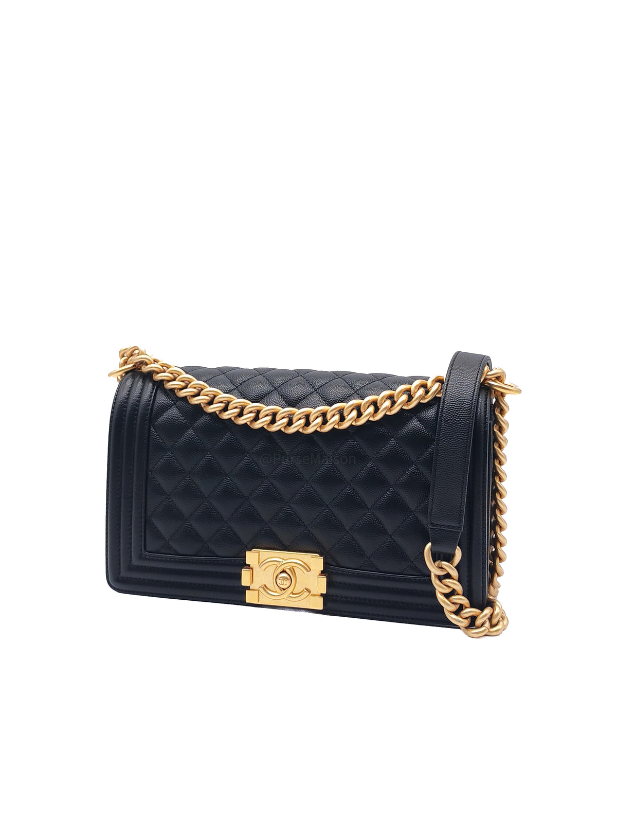 Chanel Boy Old Medium in Black Caviar Leather and Aged Gold Hardware Microchip (A9****U6)