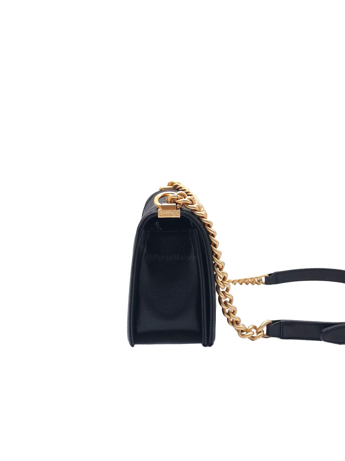 Chanel Boy Old Medium in Black Caviar Leather and Aged Gold Hardware Microchip (A9****U6)
