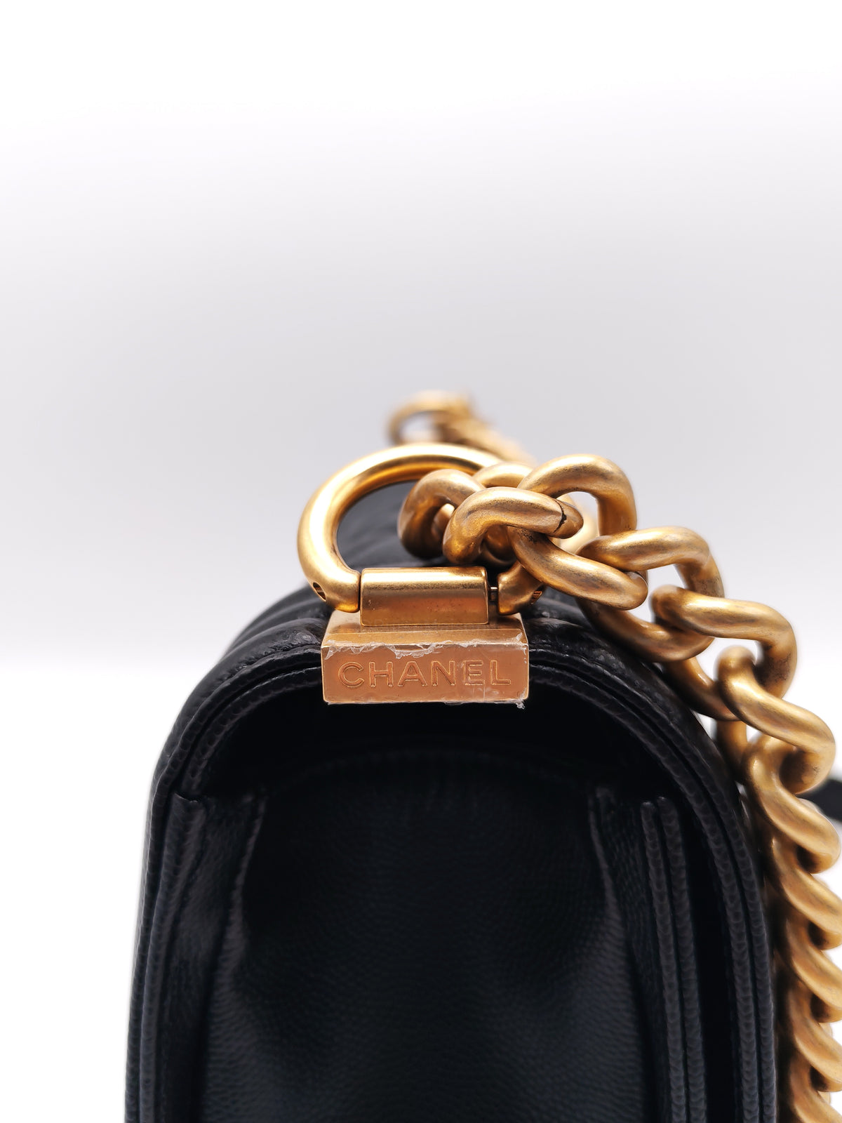 Chanel Boy Old Medium in Black Caviar Leather and Aged Gold Hardware Microchip (A9****U6)