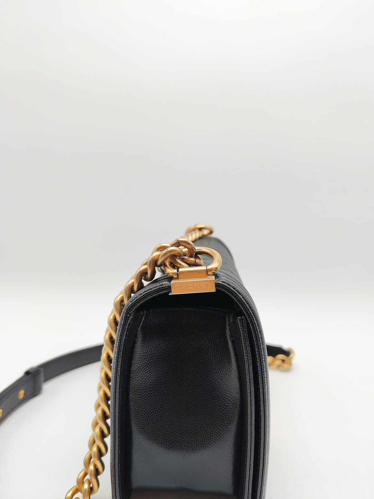 Chanel Boy Old Medium in Black Quilted Caviar Leather and Aged Gold Hardware Series 28