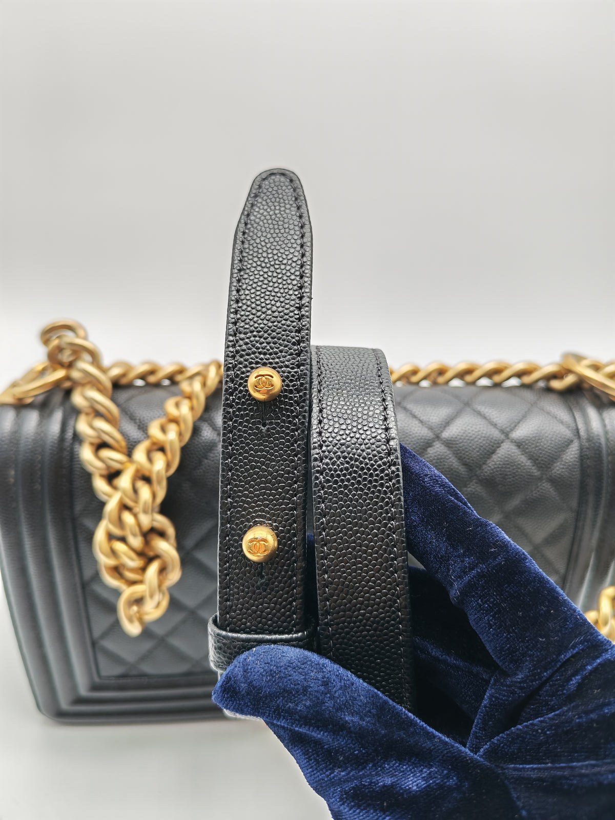 Chanel Boy Old Medium in Black Quilted Caviar Leather and Aged Gold Hardware Series 28