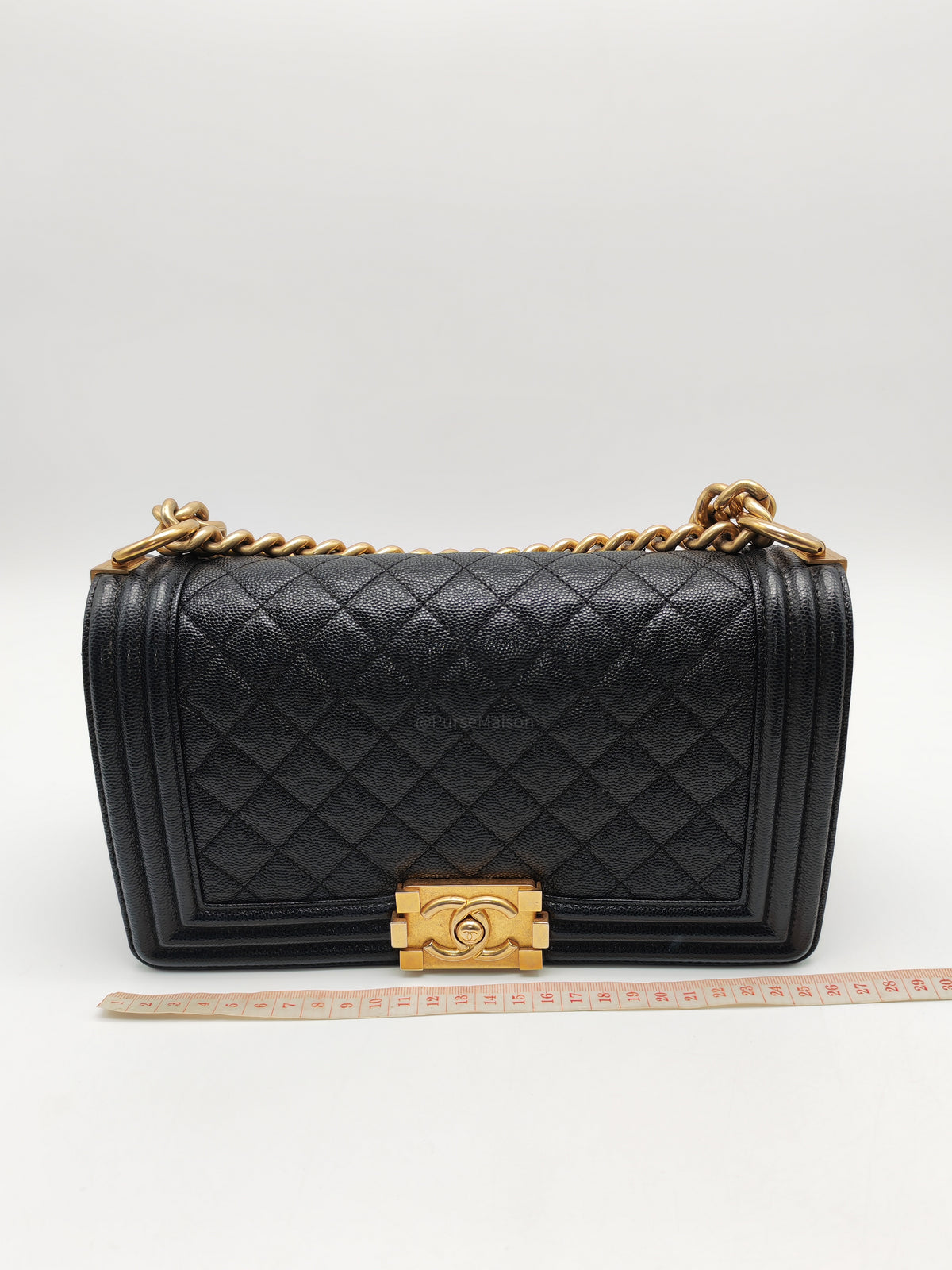 Chanel Boy Old Medium in Black Quilted Caviar Leather and Aged Gold Hardware Series 28