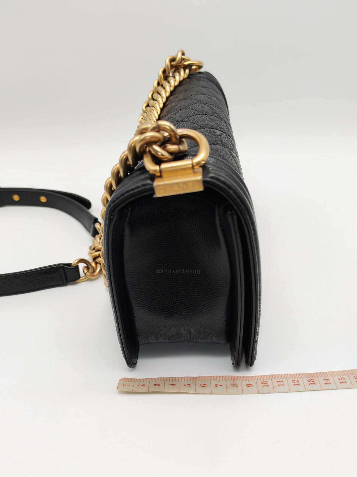 Chanel Boy Old Medium in Black Quilted Caviar Leather and Aged Gold Hardware Series 28
