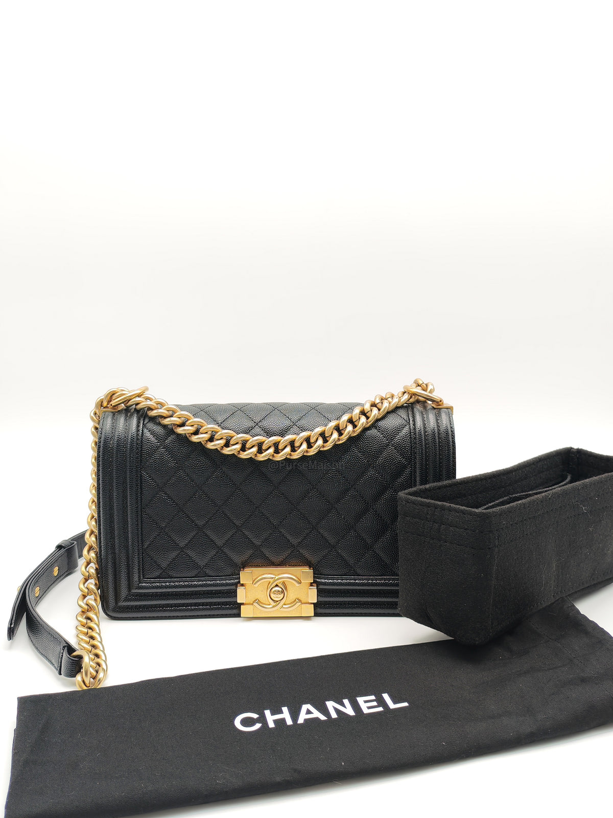 Chanel Boy Old Medium in Black Quilted Caviar Leather and Aged Gold Hardware Series 28