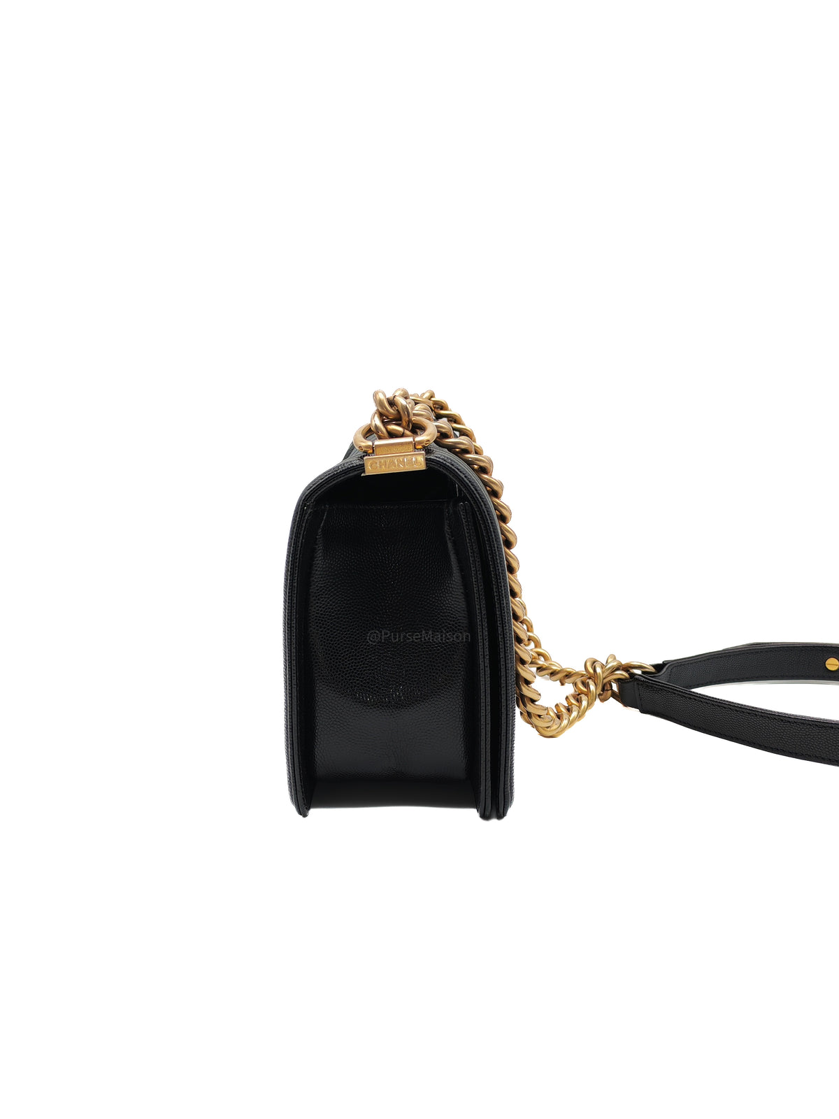 Chanel Boy Old Medium in Black Quilted Caviar Leather and Aged Gold Hardware Series 28