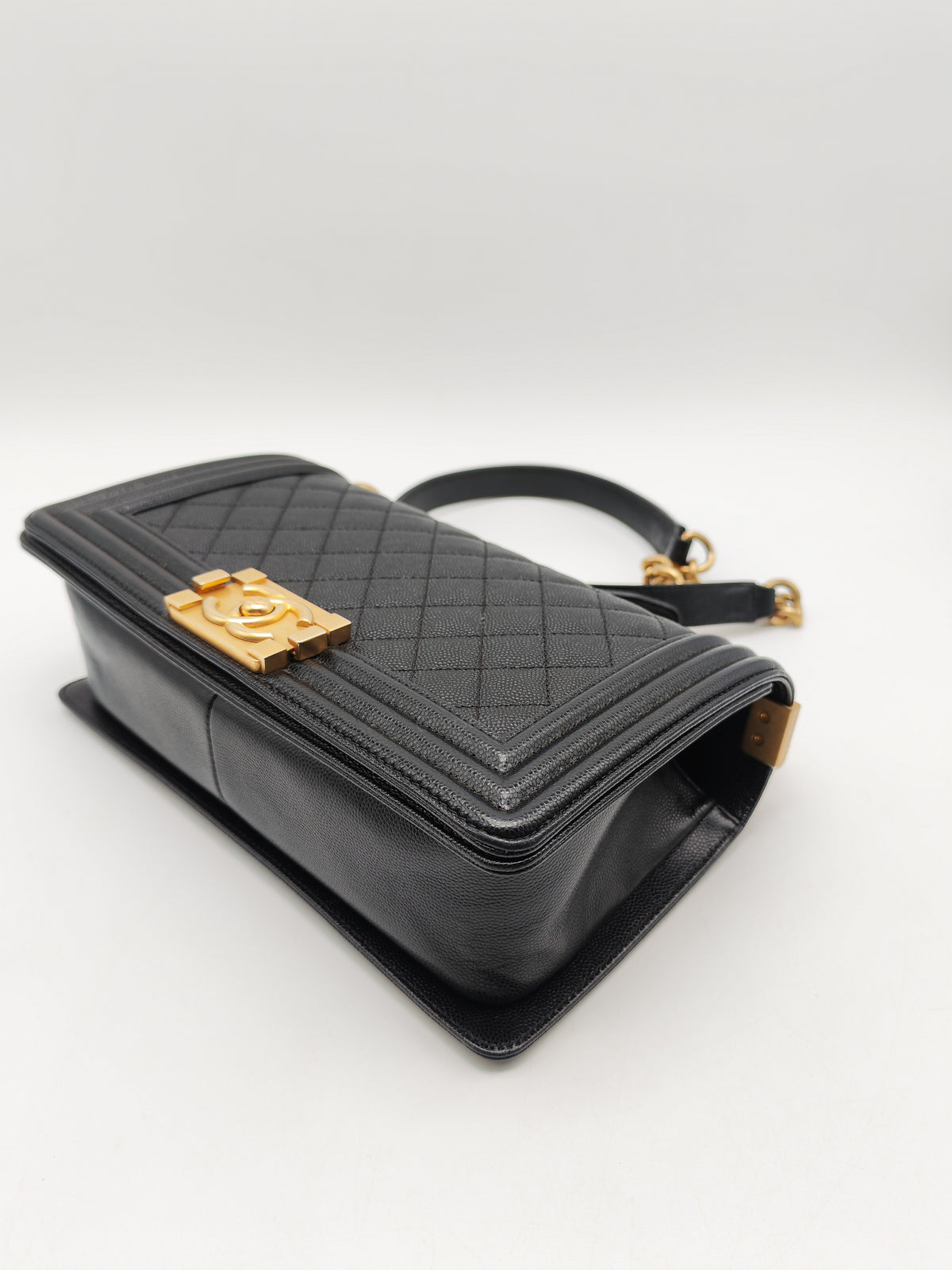 Chanel Boy Old Medium in Black Quilted Caviar Leather and Aged Gold Hardware Series 28