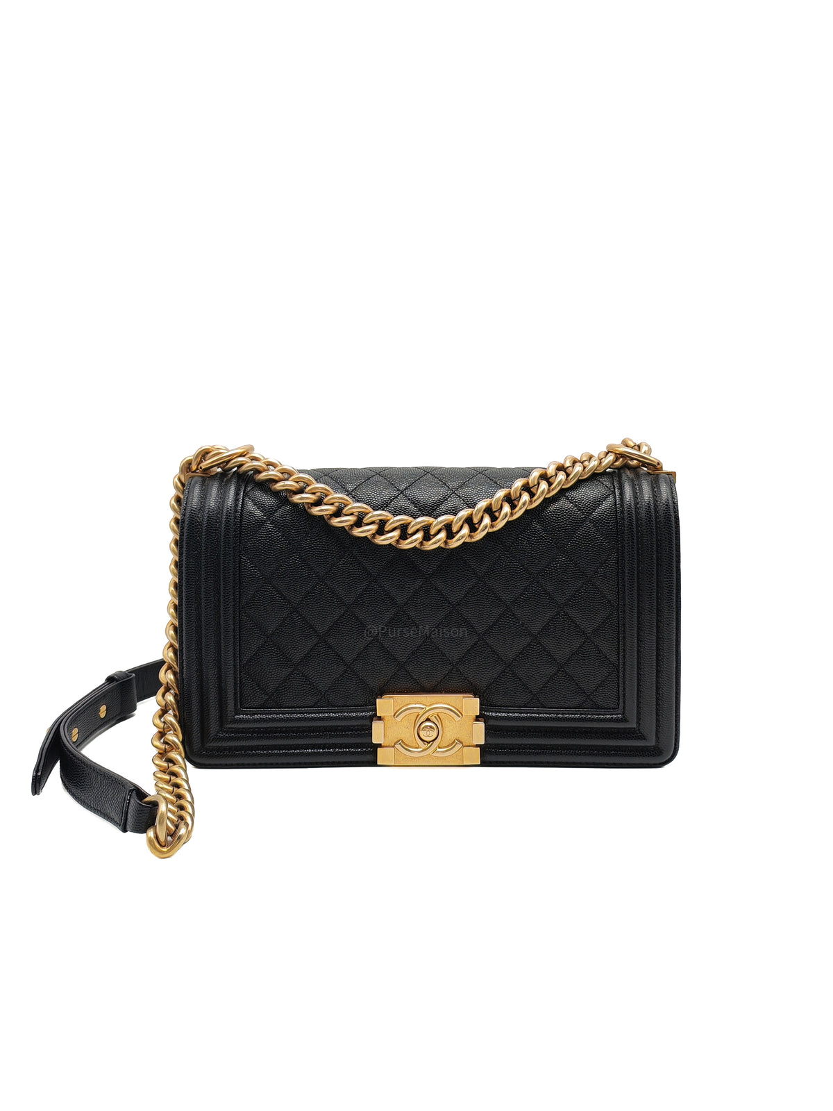 Chanel Boy Old Medium in Black Quilted Caviar Leather and Aged Gold Hardware Series 28