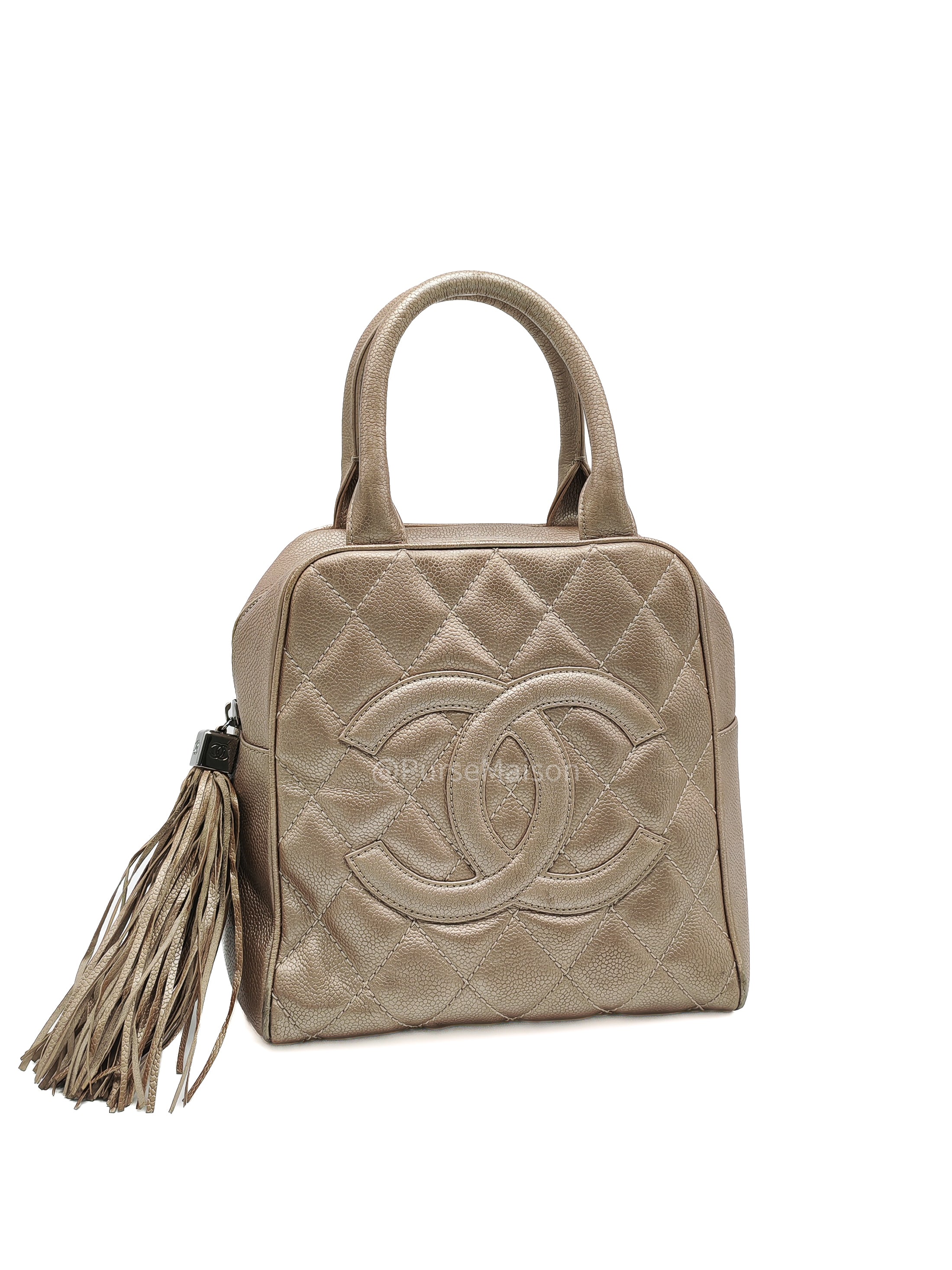 Chanel Tassel Top Handle Bag in Metallic Quilted Caviar Leather Silver Hardware (Series 9)