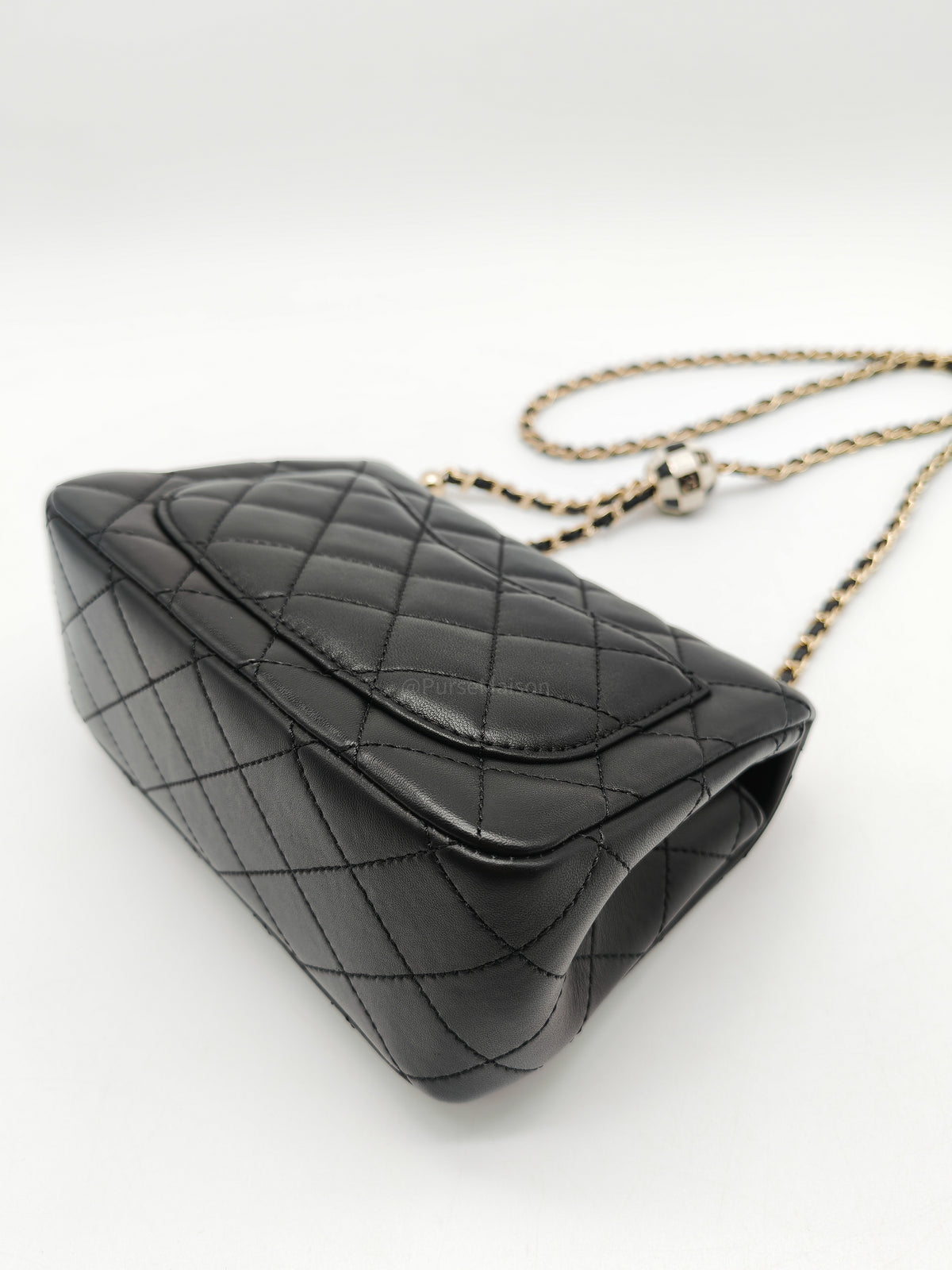 Chanel Mini Square Bag in Black Quilted Lambskin Leather Soccer Ball Pearl Crush in Light Gold Hardware (Microchip)