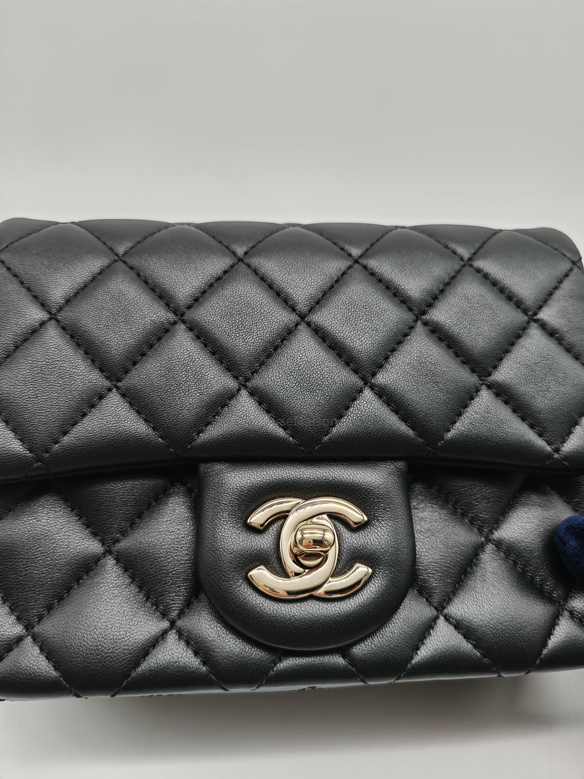 Chanel Mini Square Bag in Black Quilted Lambskin Leather Soccer Ball Pearl Crush in Light Gold Hardware (Microchip)