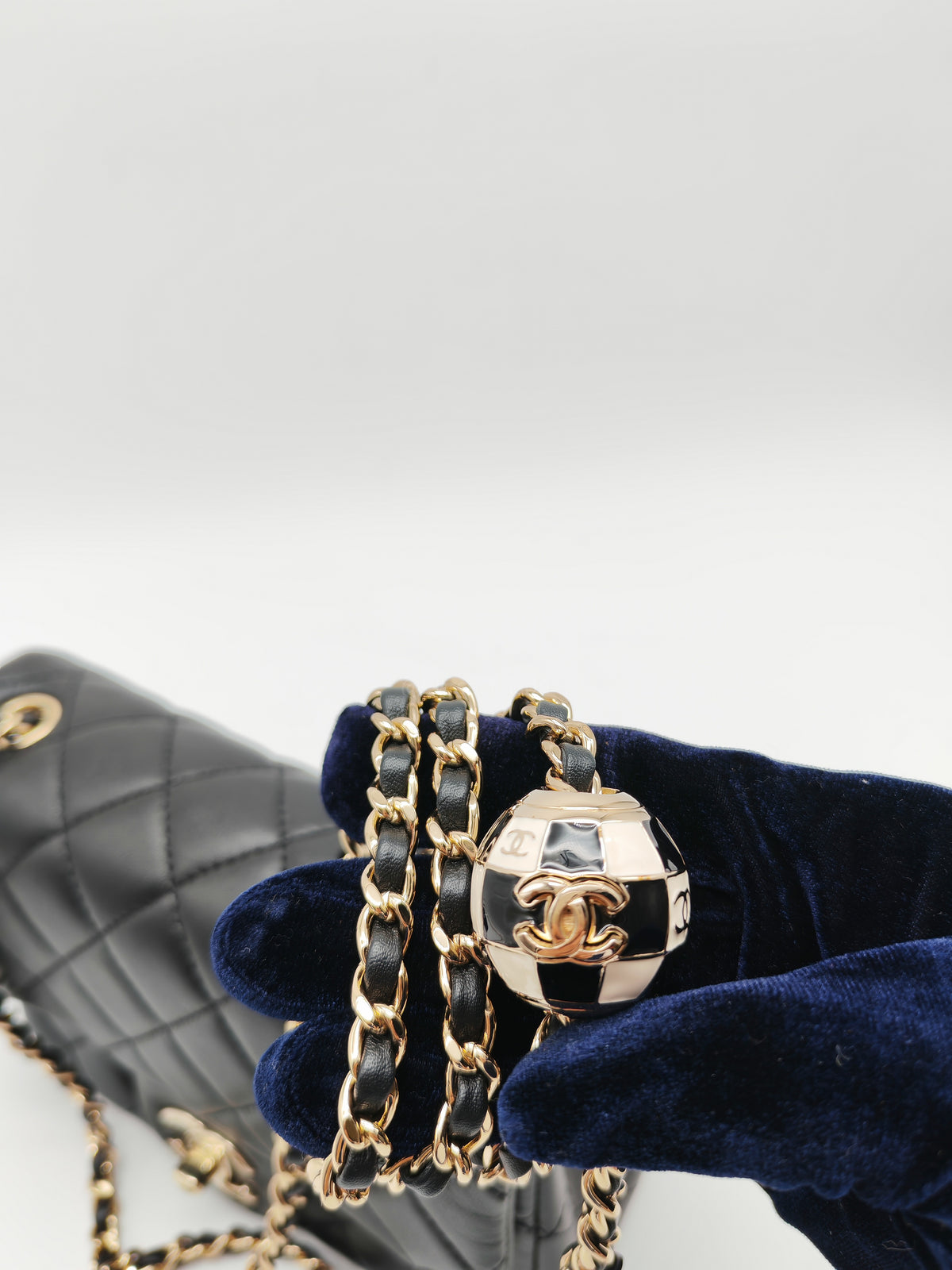 Chanel Mini Square Bag in Black Quilted Lambskin Leather Soccer Ball Pearl Crush in Light Gold Hardware (Microchip)