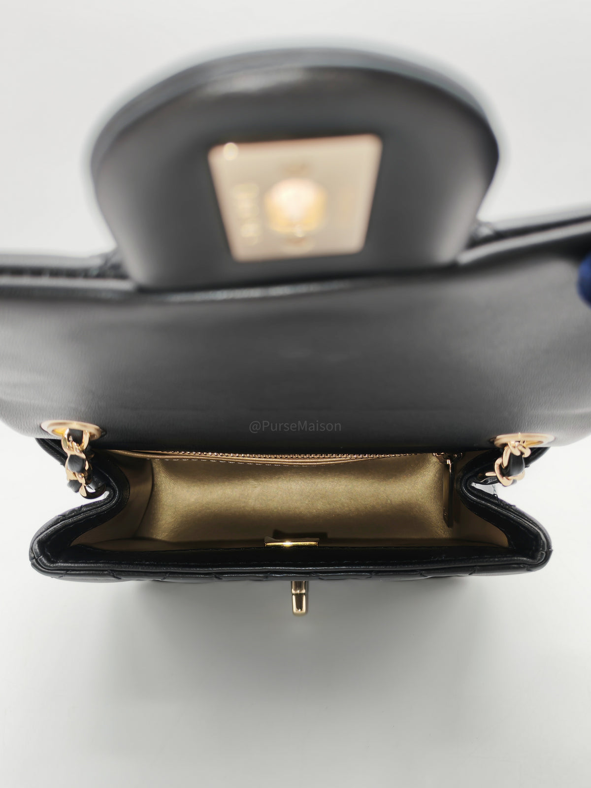 Chanel Mini Square Bag in Black Quilted Lambskin Leather Soccer Ball Pearl Crush in Light Gold Hardware (Microchip)