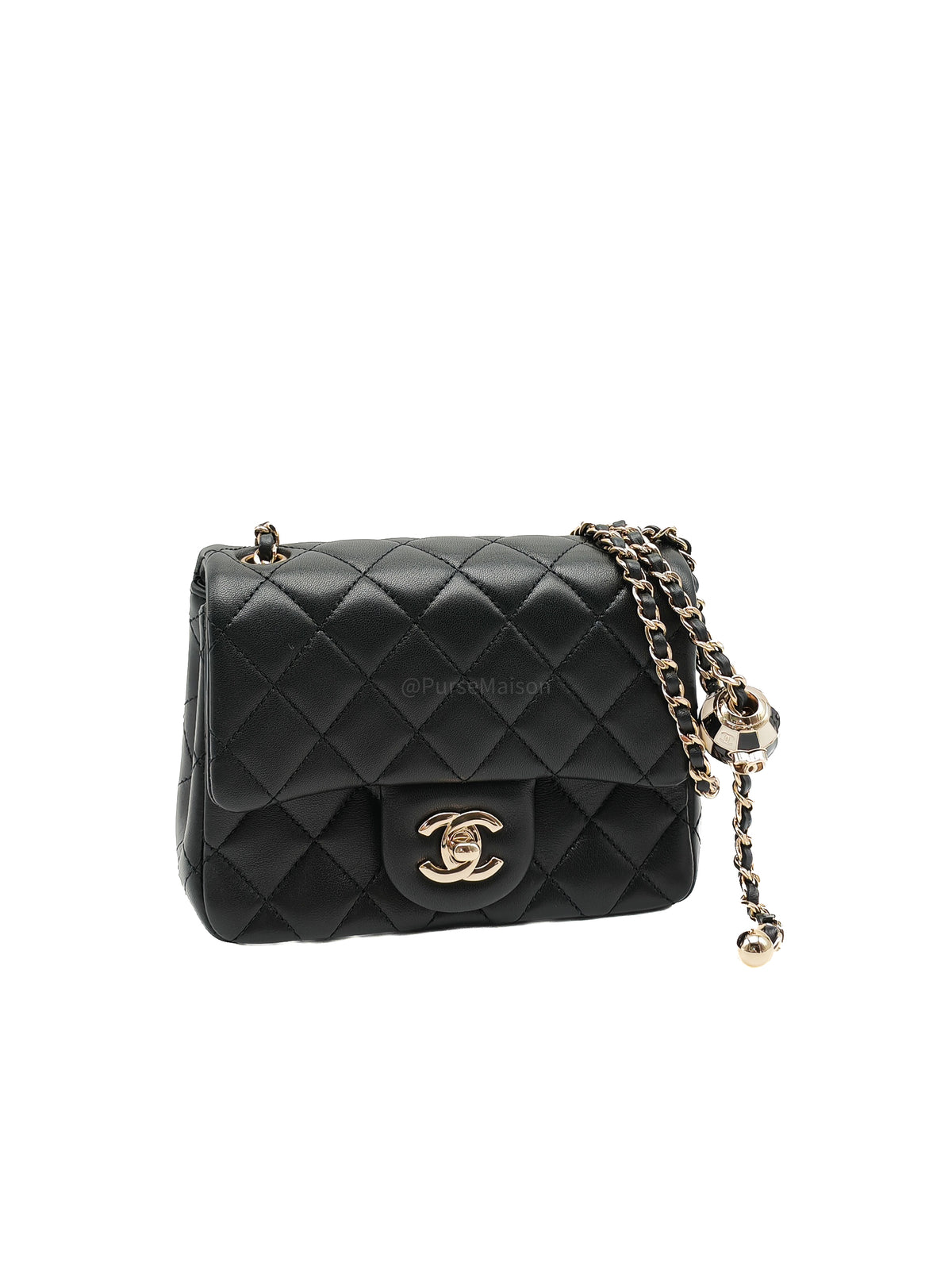 Chanel Mini Square Bag in Black Quilted Lambskin Leather Soccer Ball Pearl Crush in Light Gold Hardware (Microchip)