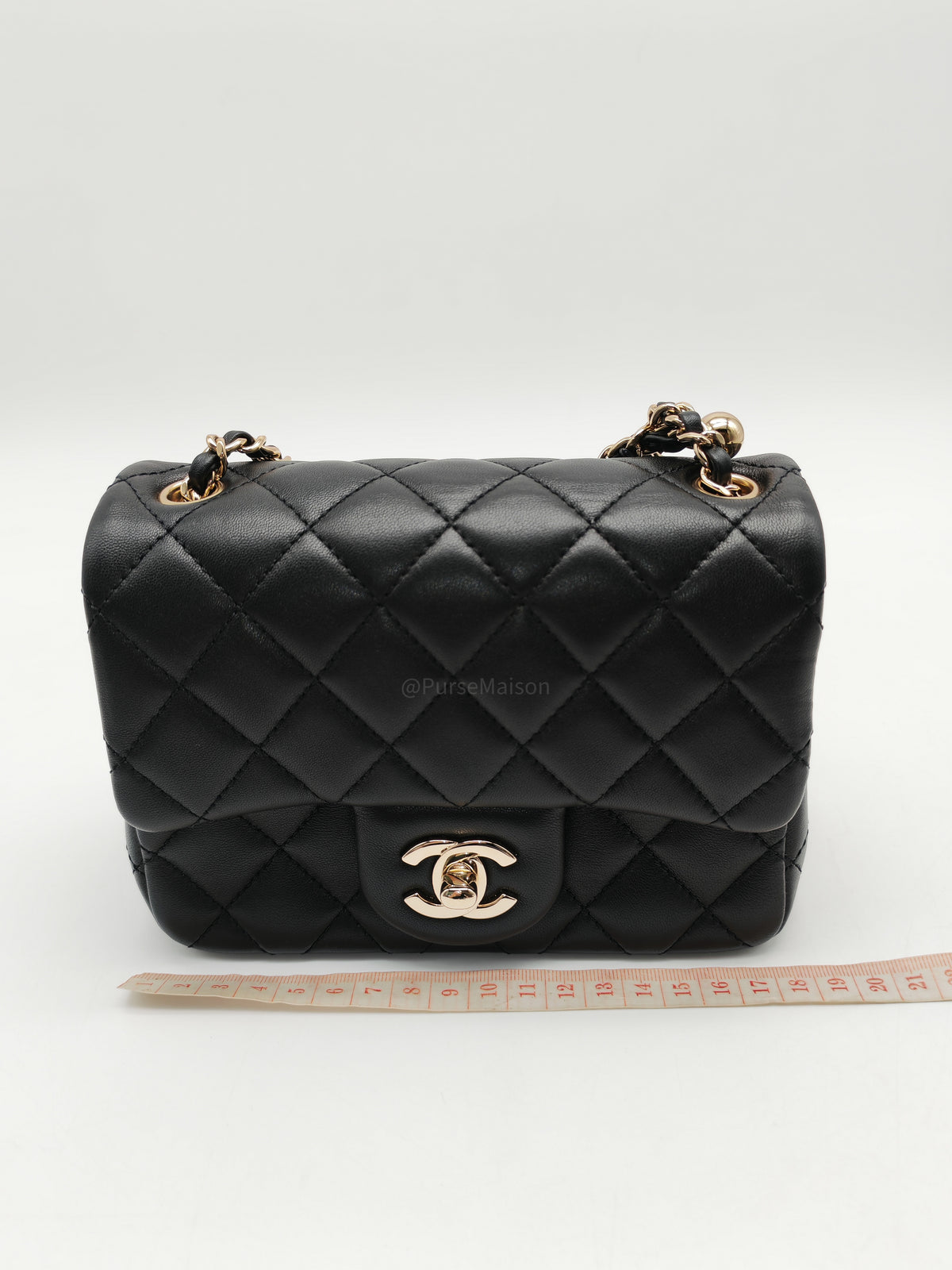 Chanel Mini Square Bag in Black Quilted Lambskin Leather Soccer Ball Pearl Crush in Light Gold Hardware (Microchip)
