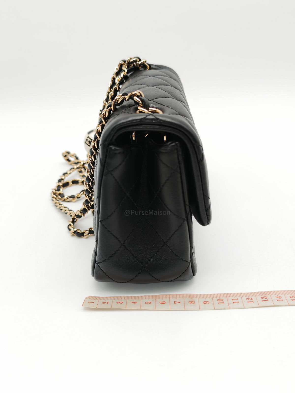 Chanel Mini Square Bag in Black Quilted Lambskin Leather Soccer Ball Pearl Crush in Light Gold Hardware (Microchip)