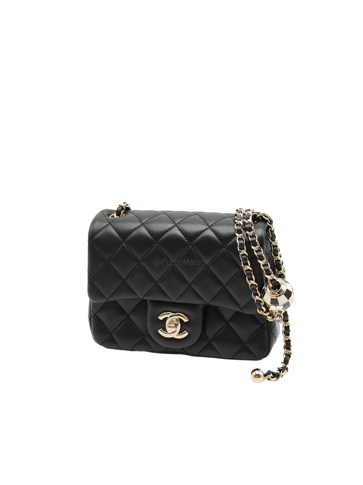 Chanel Mini Square Bag in Black Quilted Lambskin Leather Soccer Ball Pearl Crush in Light Gold Hardware (Microchip)
