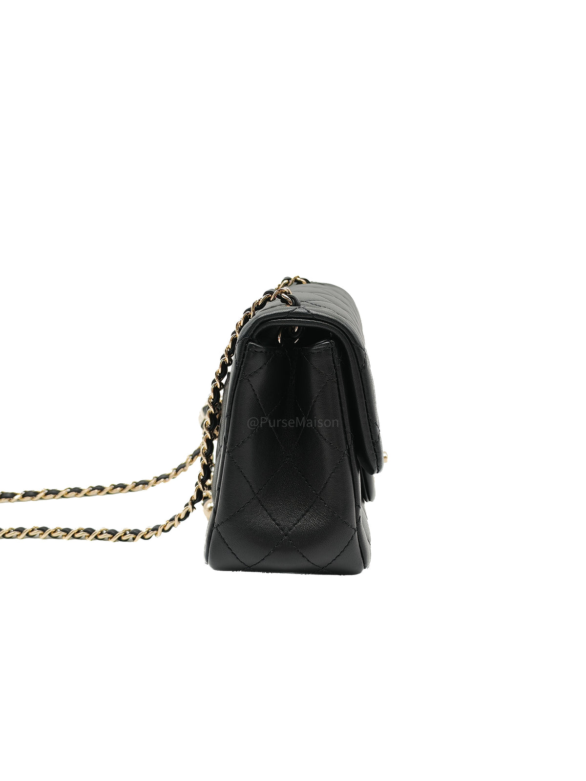 Chanel Mini Square Bag in Black Quilted Lambskin Leather Soccer Ball Pearl Crush in Light Gold Hardware (Microchip)
