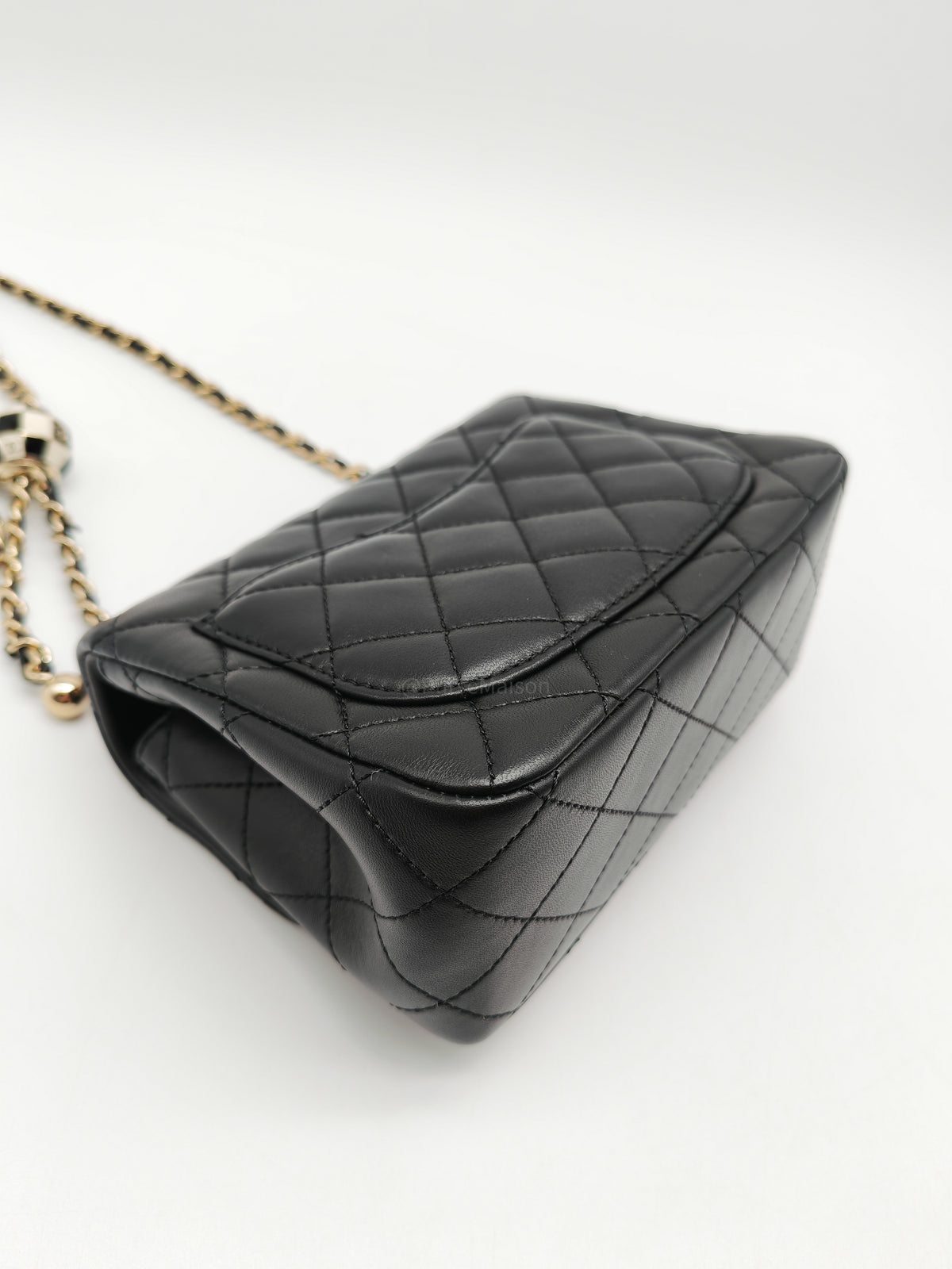 Chanel Mini Square Bag in Black Quilted Lambskin Leather Soccer Ball Pearl Crush in Light Gold Hardware (Microchip)