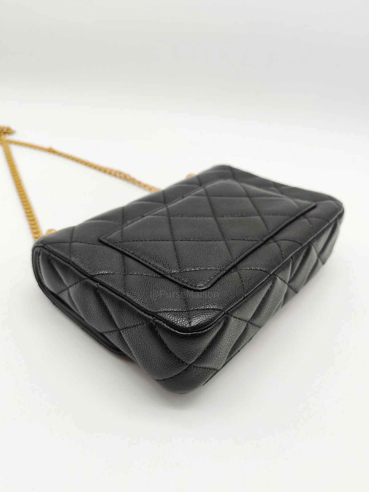 Chanel Mini Rectangular Flap Bag in Black Quilted Caviar Leather and Aged Gold Hardware Microchip