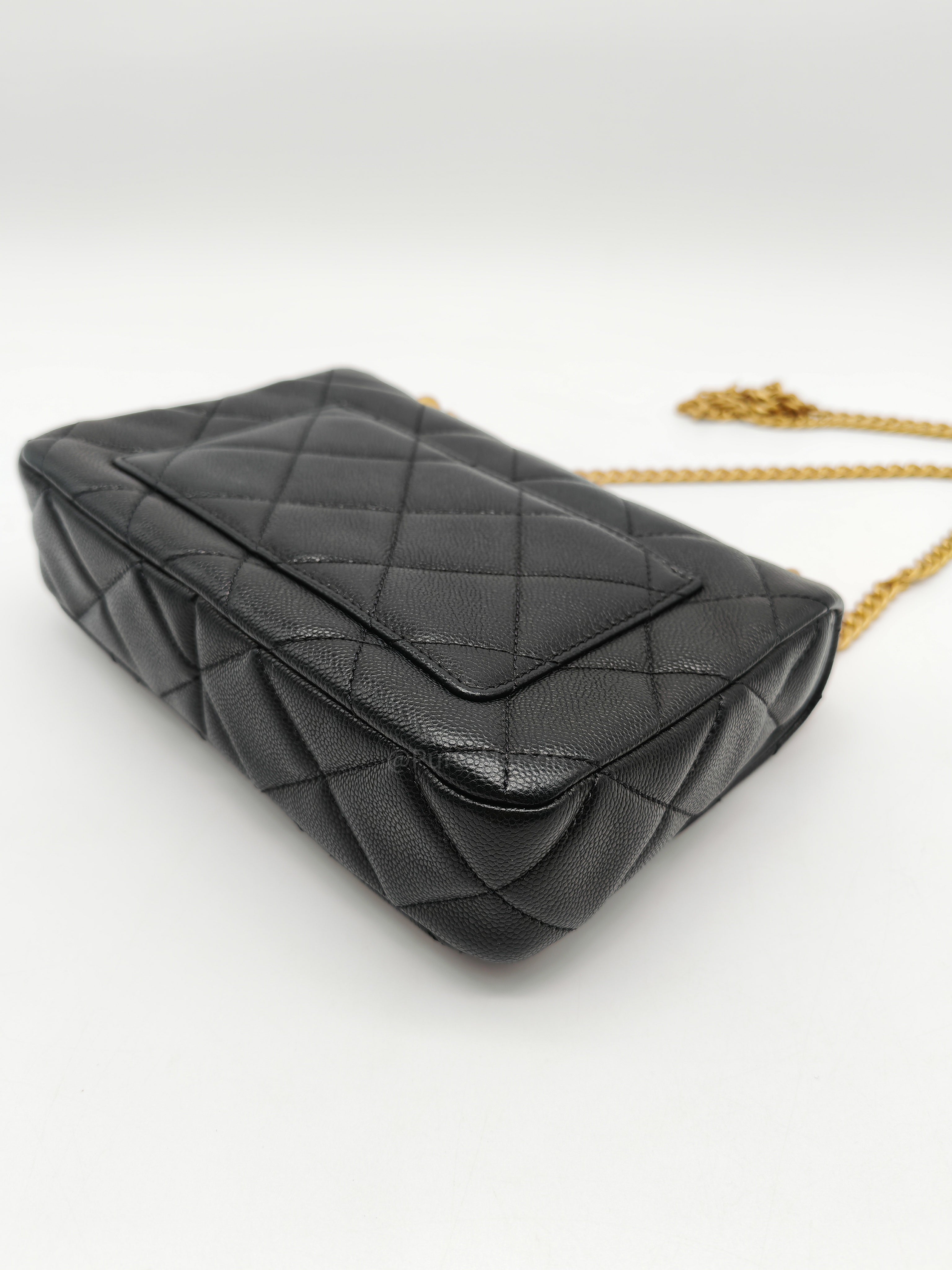 Chanel Mini Rectangular Flap Bag in Black Quilted Caviar Leather and Aged Gold Hardware Microchip