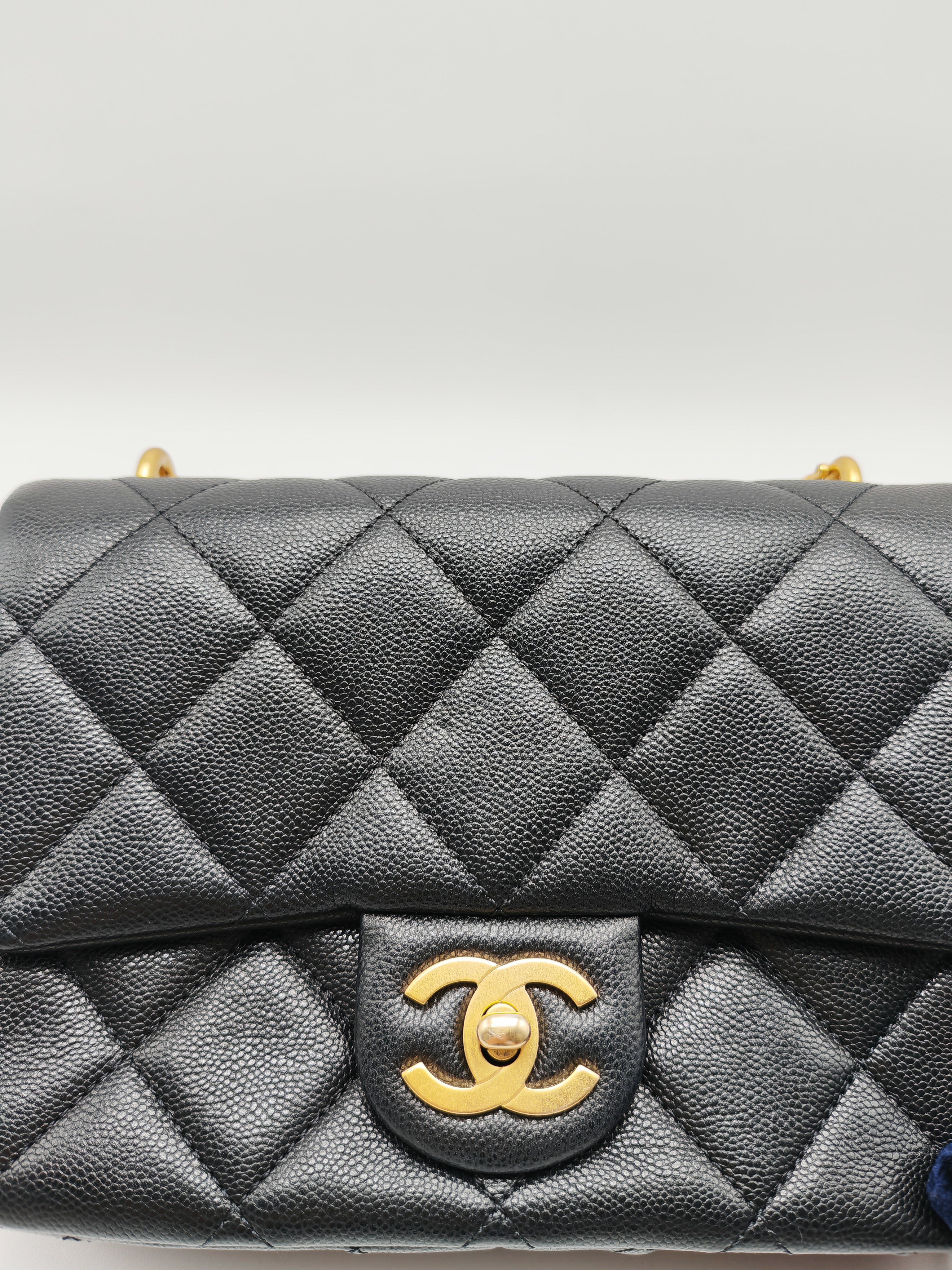 Chanel Mini Rectangular Flap Bag in Black Quilted Caviar Leather and Aged Gold Hardware Microchip