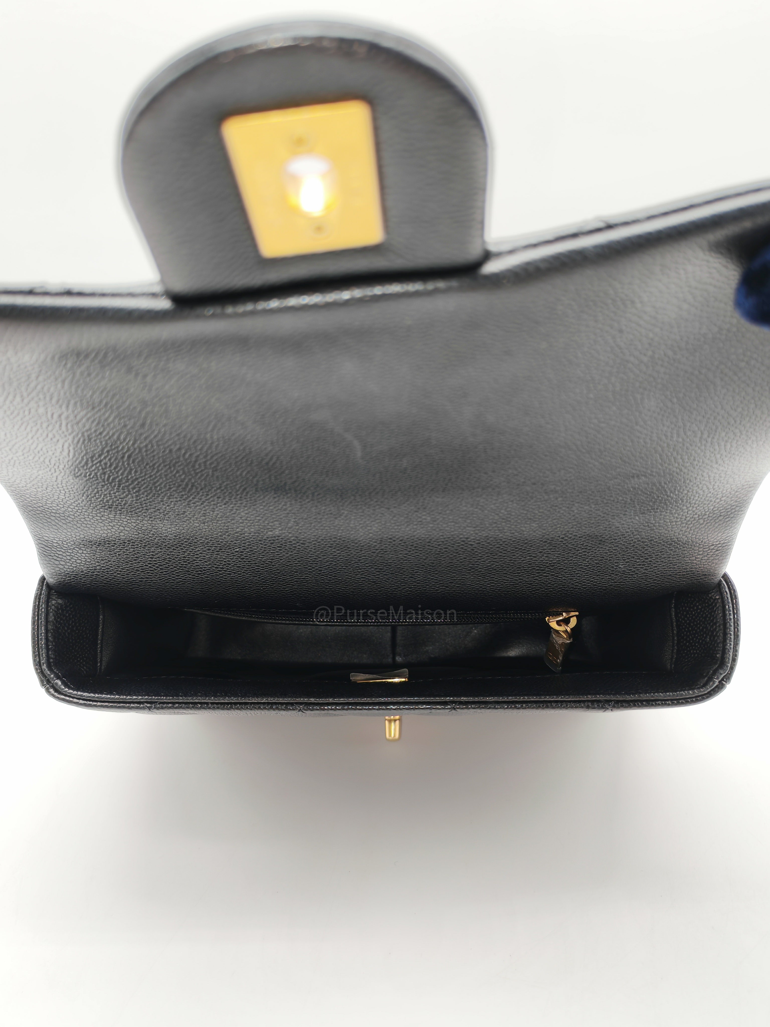 Chanel Mini Rectangular Flap Bag in Black Quilted Caviar Leather and Aged Gold Hardware Microchip