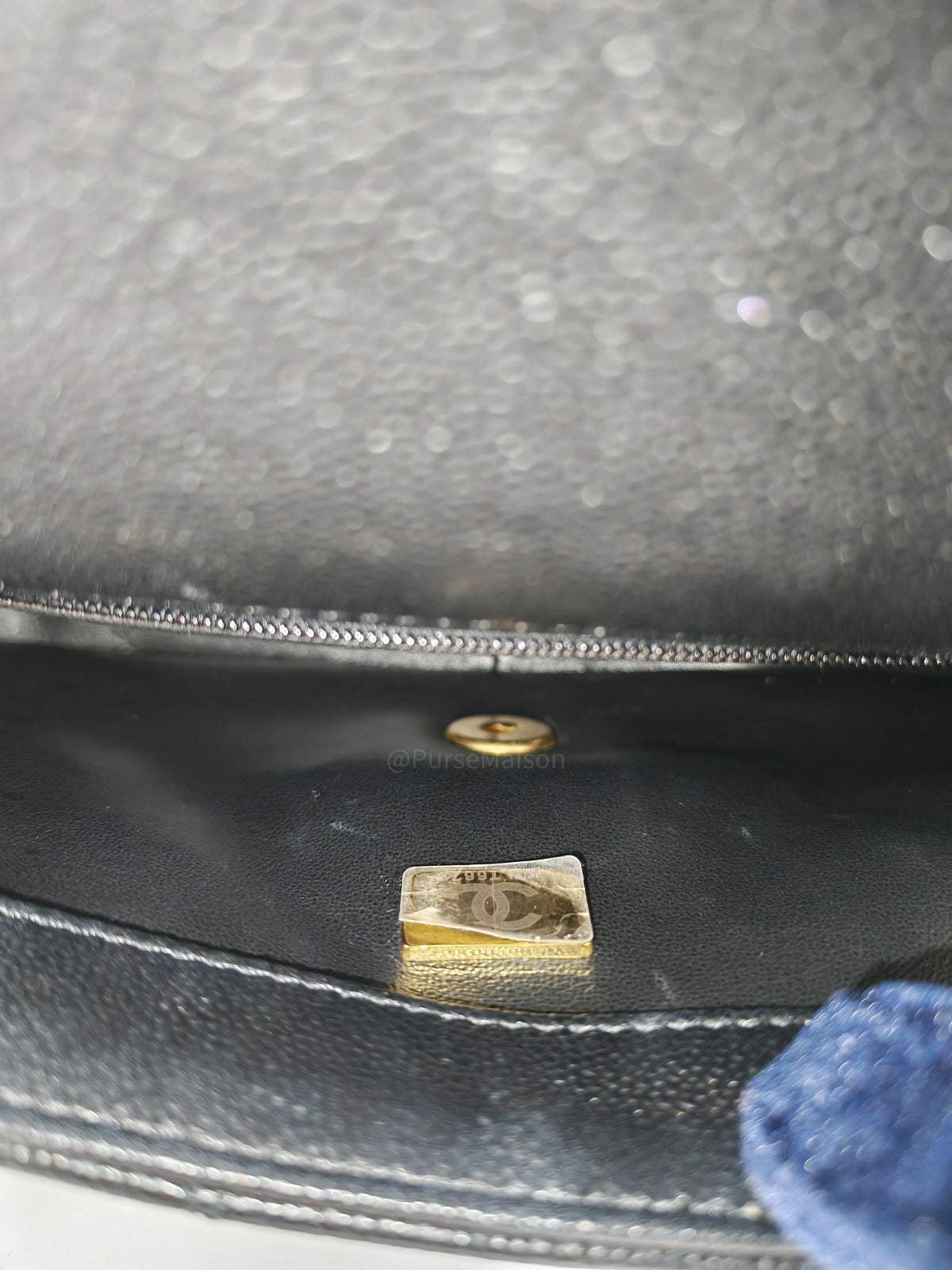Chanel Mini Rectangular Flap Bag in Black Quilted Caviar Leather and Aged Gold Hardware Microchip
