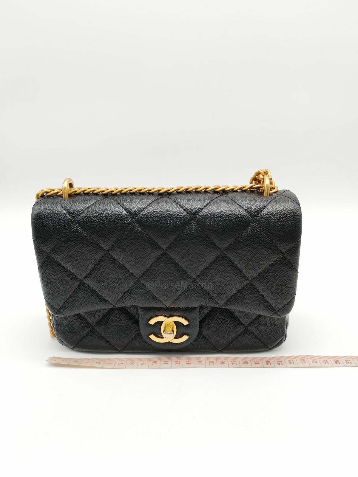 Chanel Mini Rectangular Flap Bag in Black Quilted Caviar Leather and Aged Gold Hardware Microchip