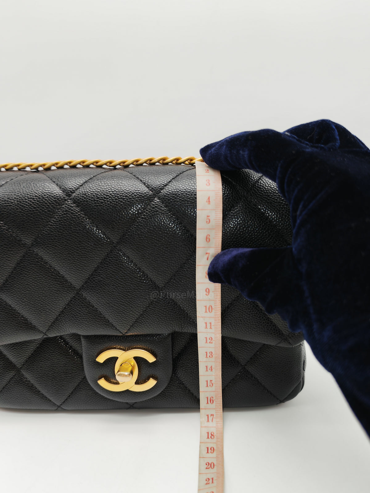 Chanel Mini Rectangular Flap Bag in Black Quilted Caviar Leather and Aged Gold Hardware Microchip