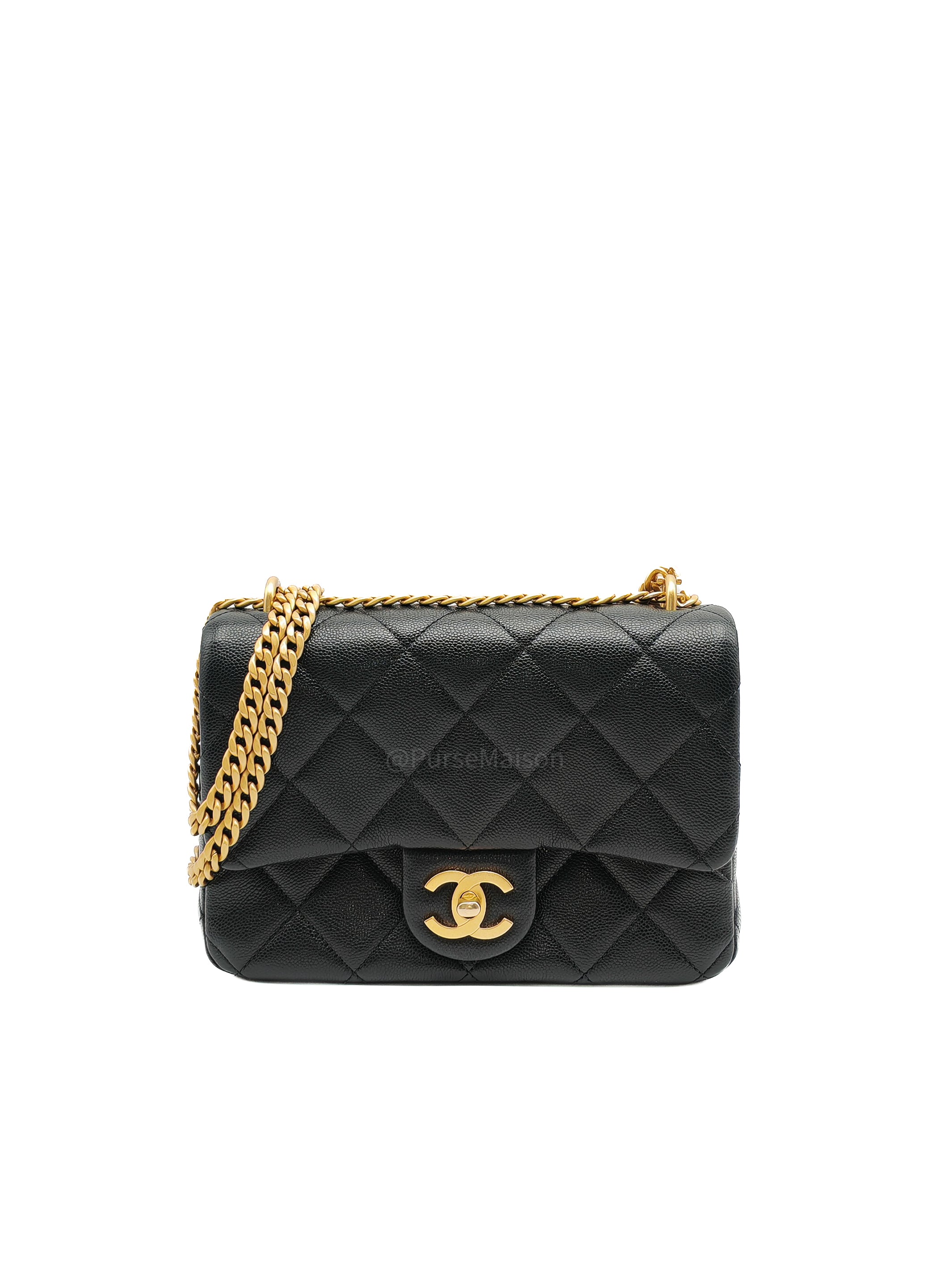 Chanel Mini Rectangular Flap Bag in Black Quilted Caviar Leather and Aged Gold Hardware Microchip