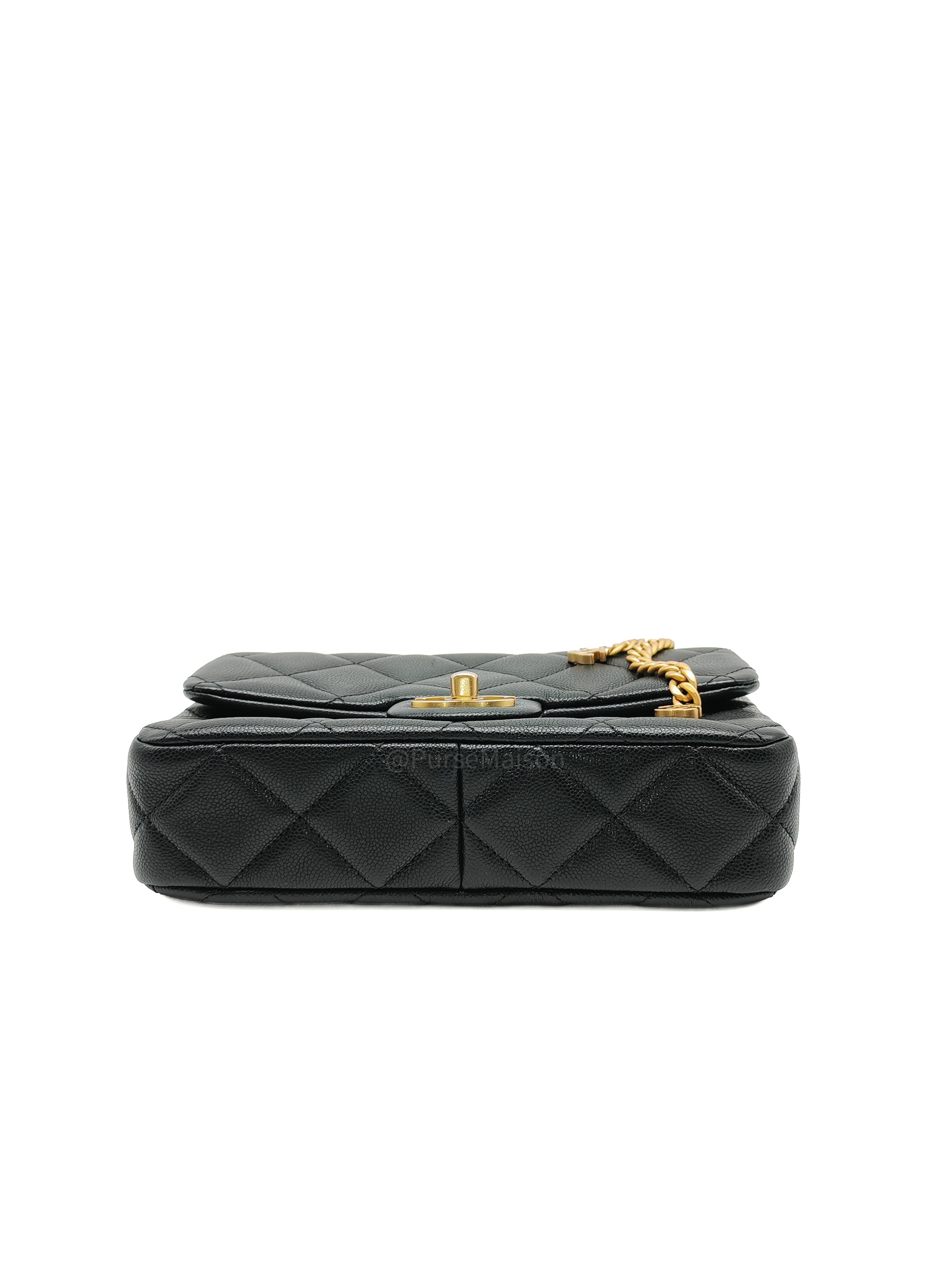 Chanel Mini Rectangular Flap Bag in Black Quilted Caviar Leather and Aged Gold Hardware Microchip