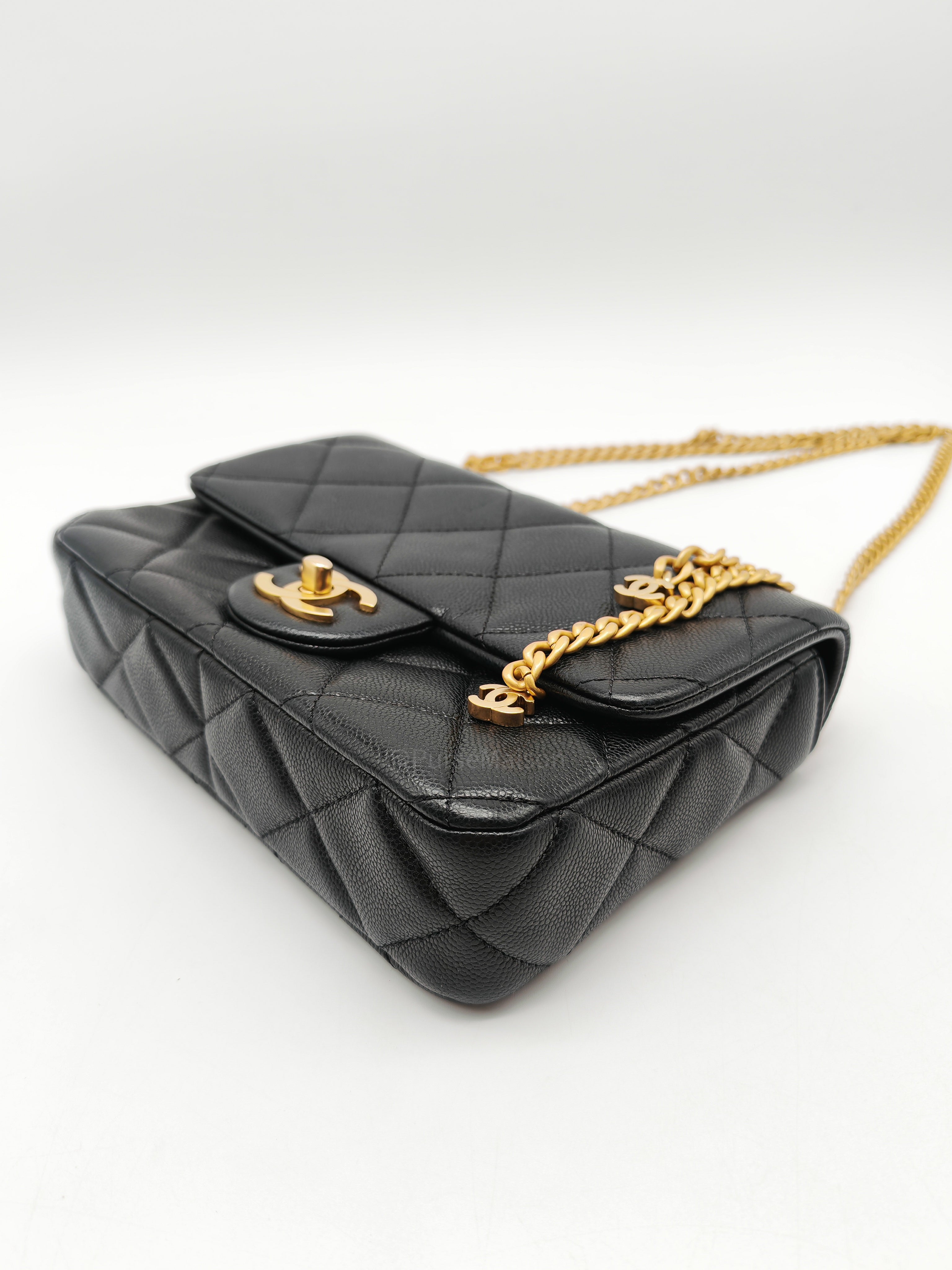 Chanel Mini Rectangular Flap Bag in Black Quilted Caviar Leather and Aged Gold Hardware Microchip