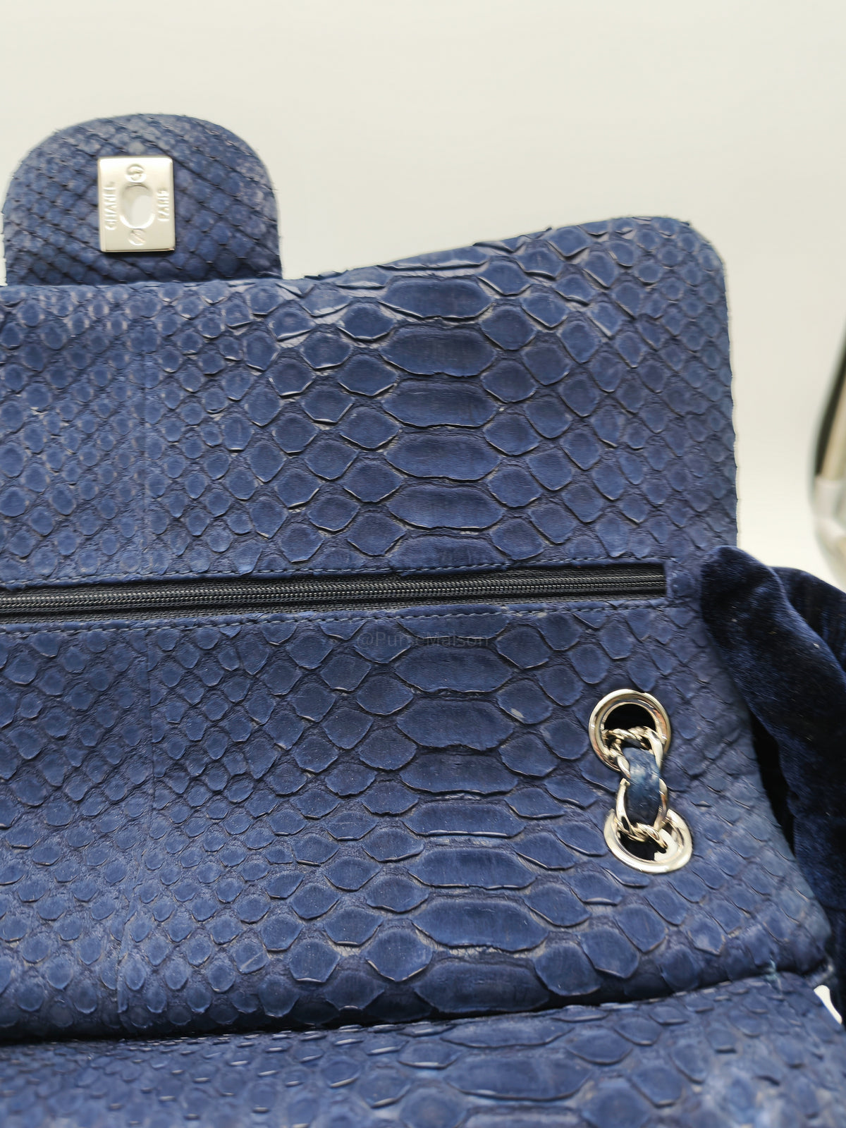 Chanel Classic Double Flap Bag in Navy Python Suede Silver Hardware (Series 14)