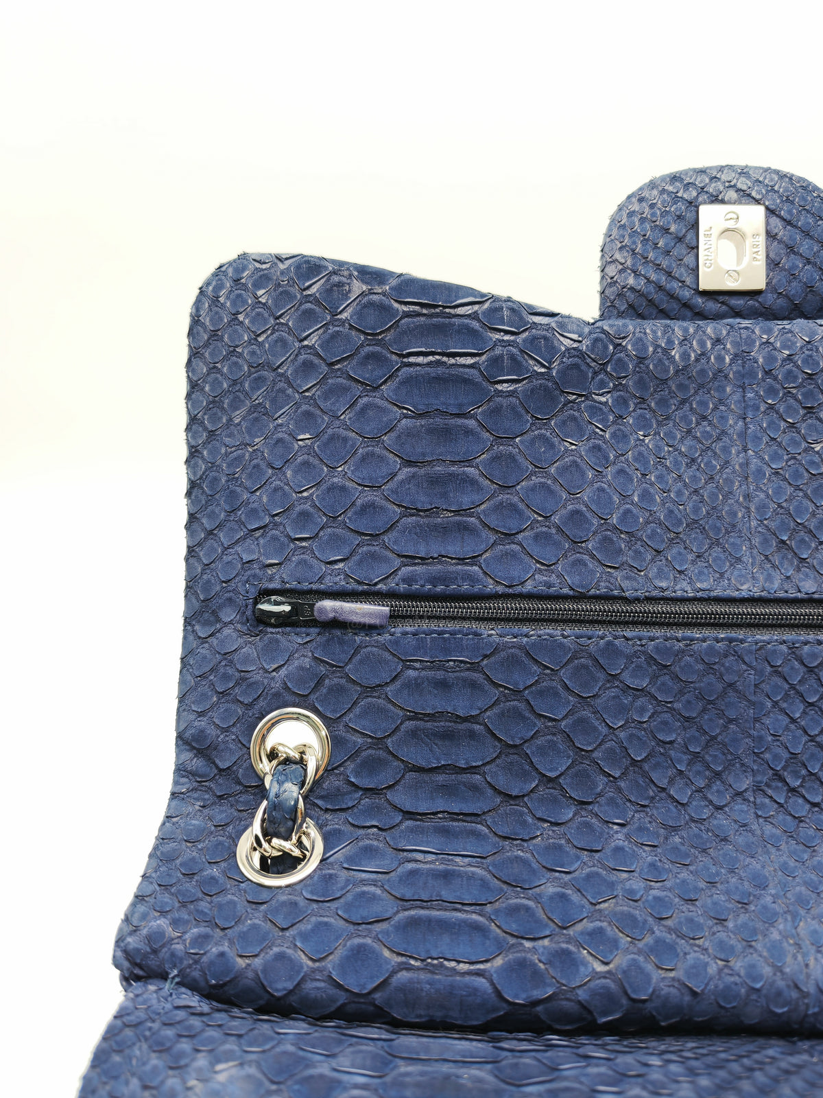 Chanel Classic Double Flap Bag in Navy Python Suede Silver Hardware (Series 14)