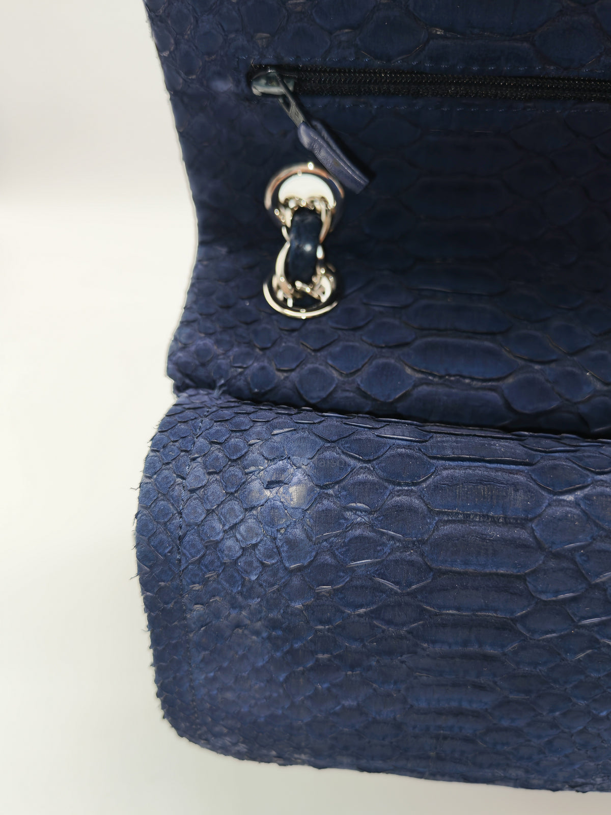 Chanel Classic Double Flap Bag in Navy Python Suede Silver Hardware (Series 14)