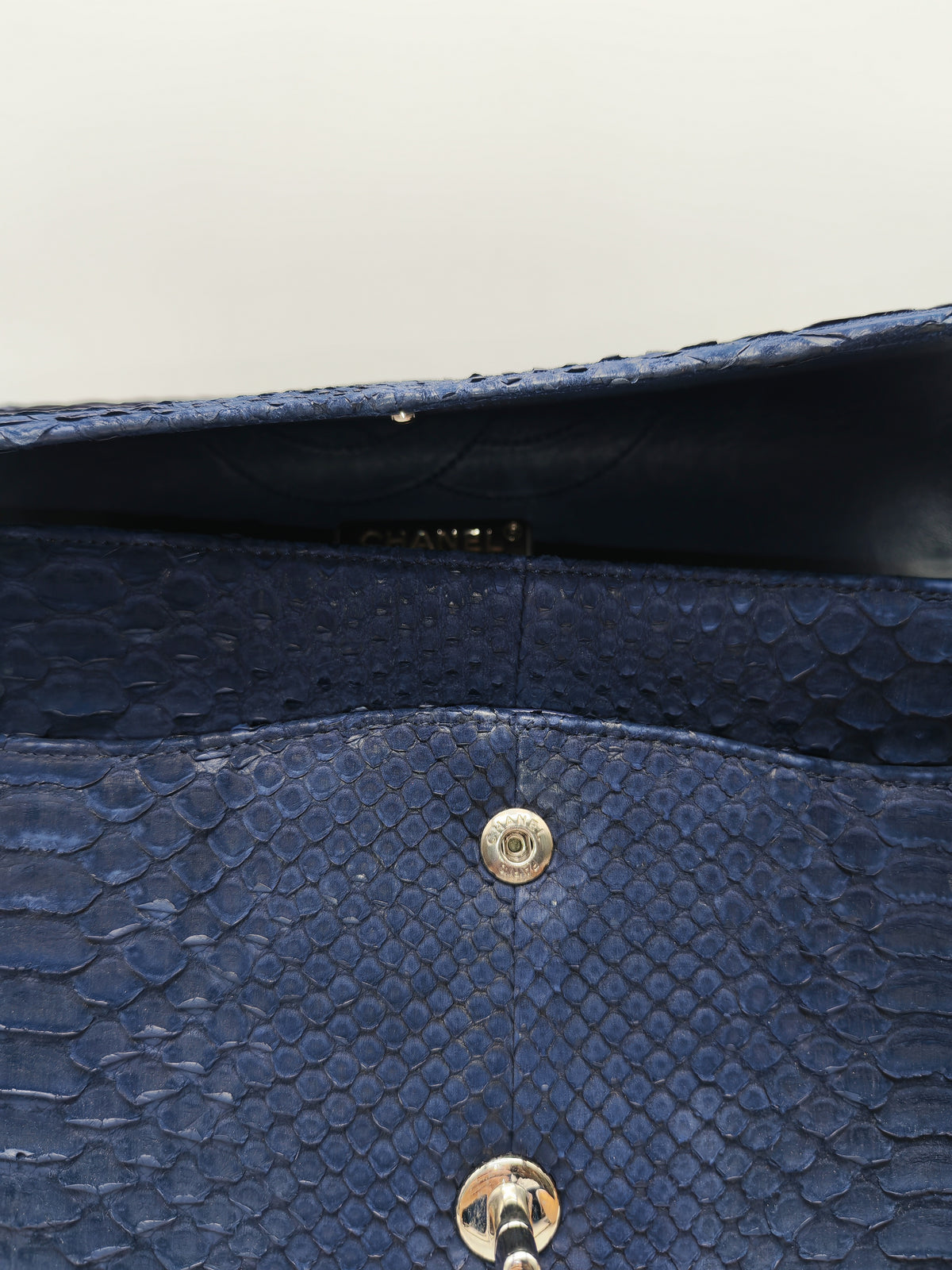 Chanel Classic Double Flap Bag in Navy Python Suede Silver Hardware (Series 14)