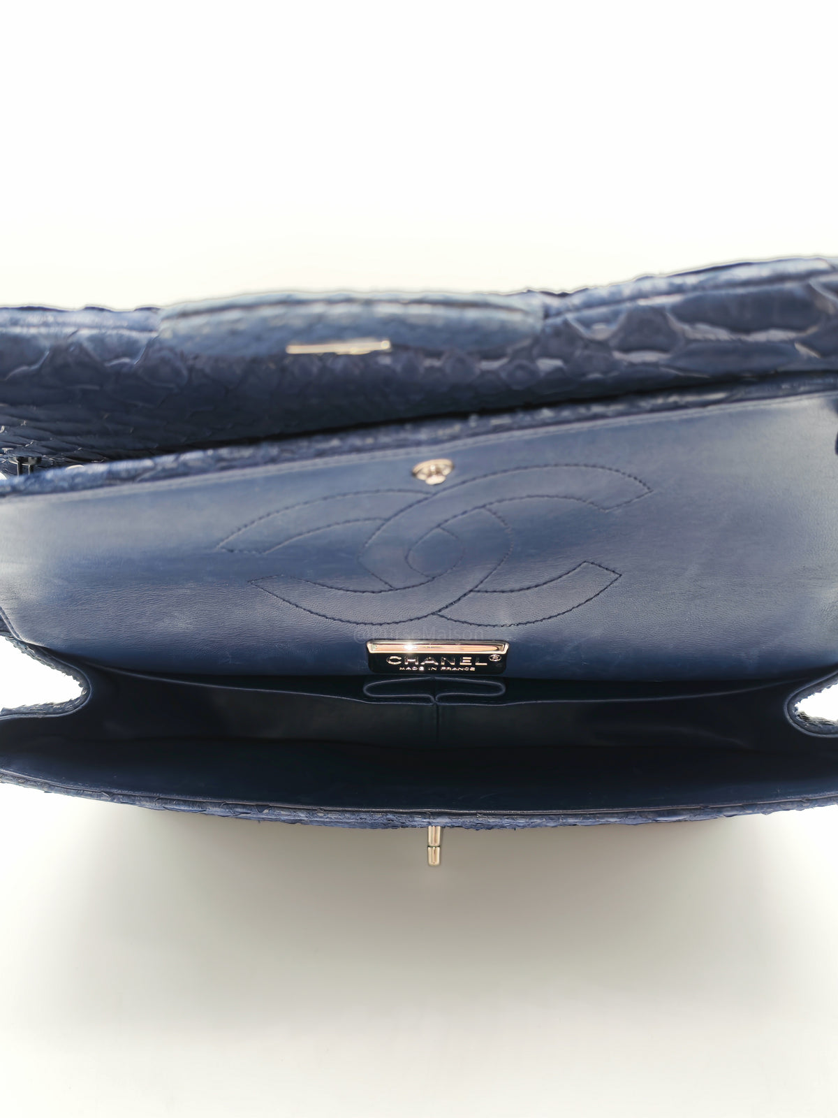 Chanel Classic Double Flap Bag in Navy Python Suede Silver Hardware (Series 14)