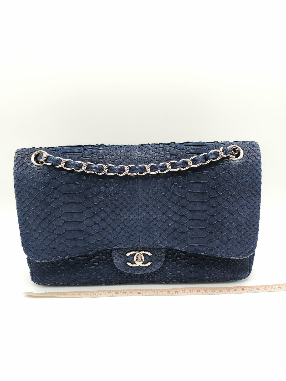 Chanel Classic Double Flap Bag in Navy Python Suede Silver Hardware (Series 14)