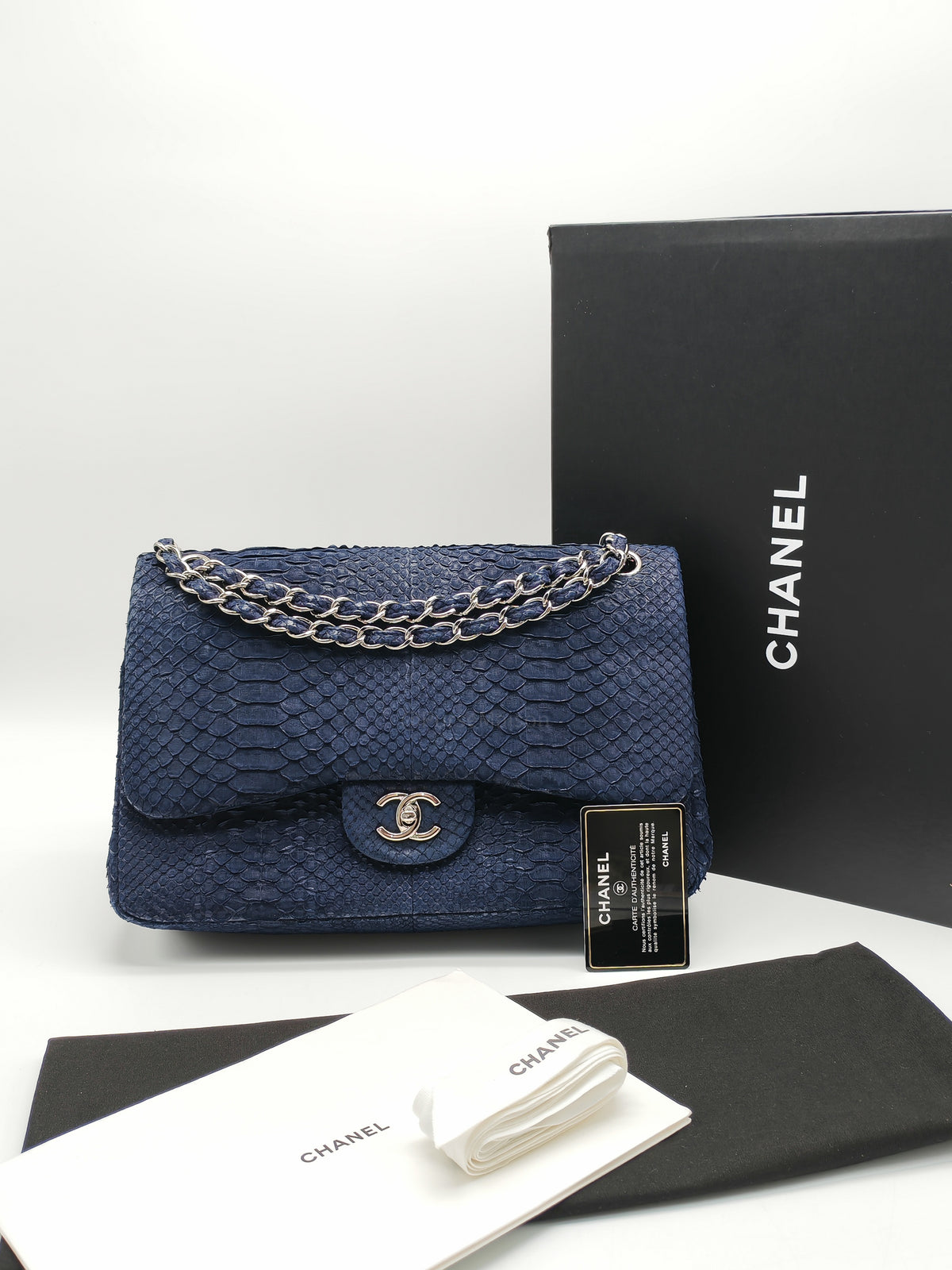 Chanel Classic Double Flap Bag in Navy Python Suede Silver Hardware (Series 14)