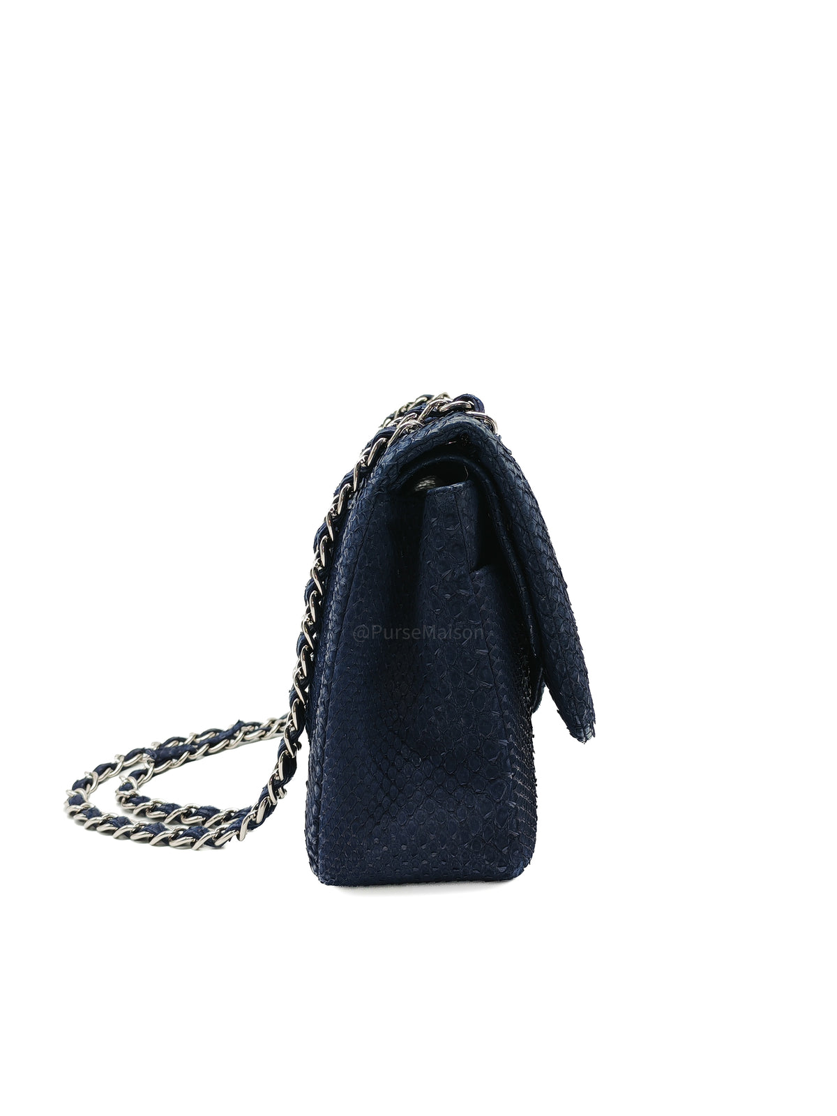 Chanel Classic Double Flap Bag in Navy Python Suede Silver Hardware (Series 14)