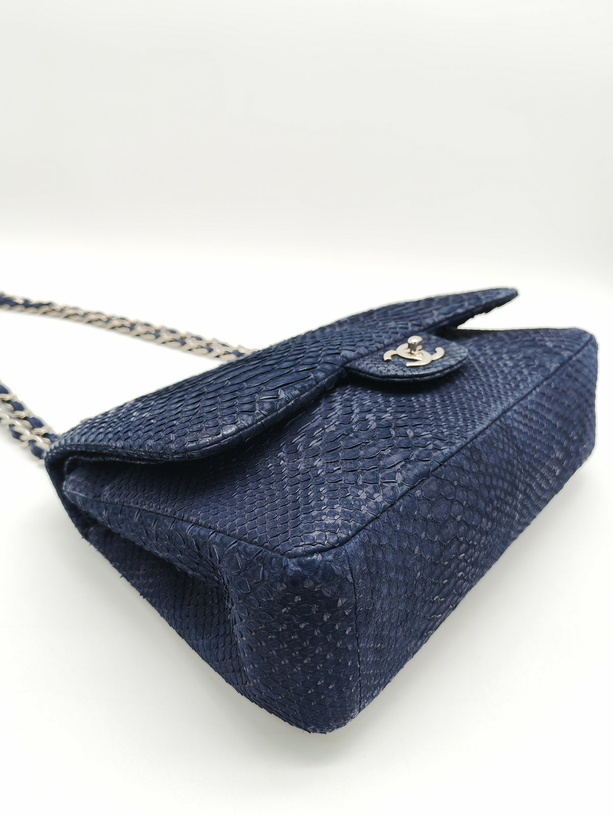 Chanel Classic Double Flap Bag in Navy Python Suede Silver Hardware (Series 14)